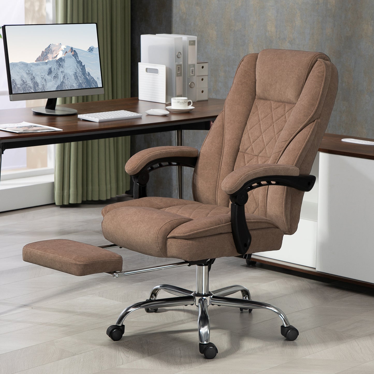 Ergonomic executive office chair in brown fabric with diamond tufting and adjustable footrest