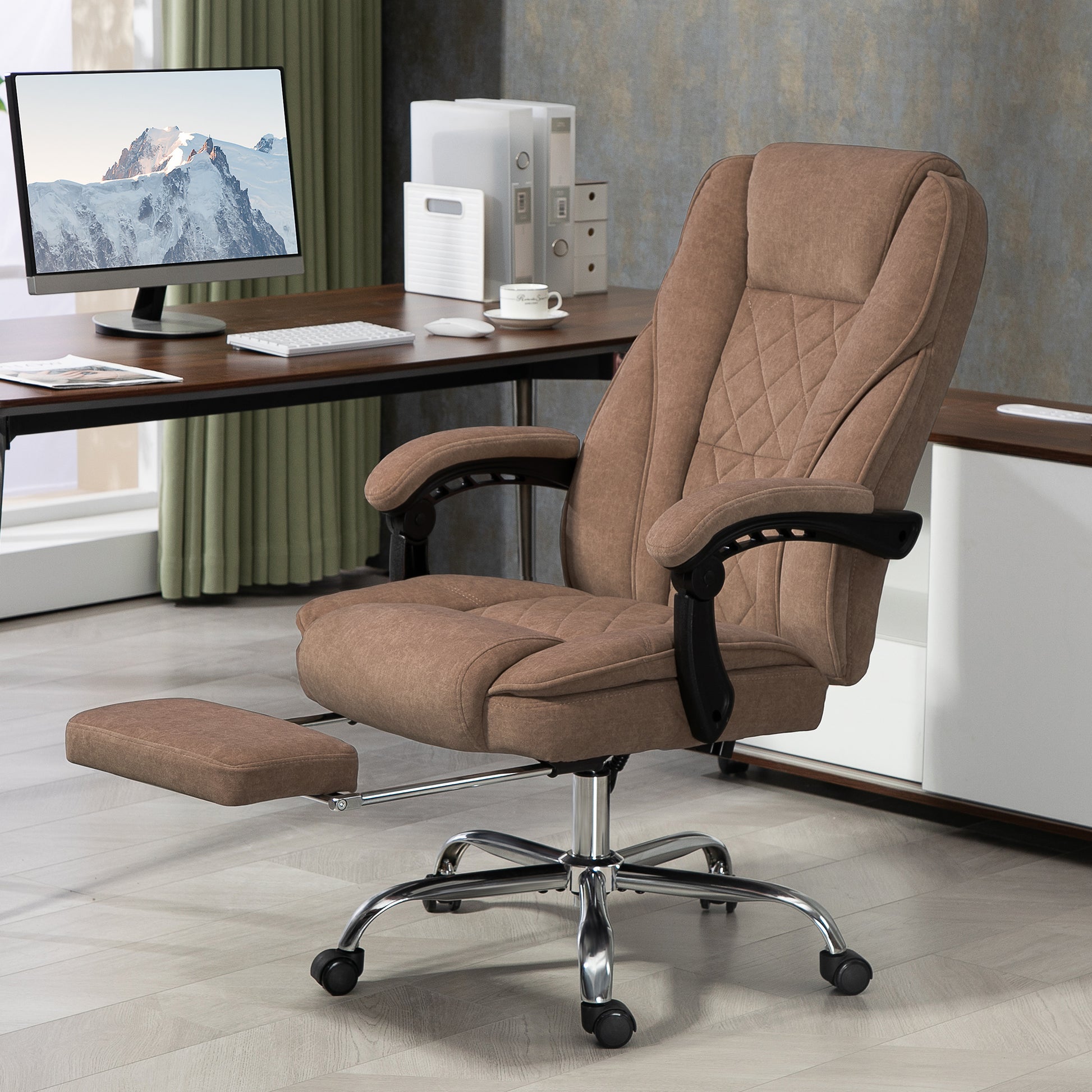 Ergonomic executive office chair in brown fabric with diamond tufting and adjustable footrest
