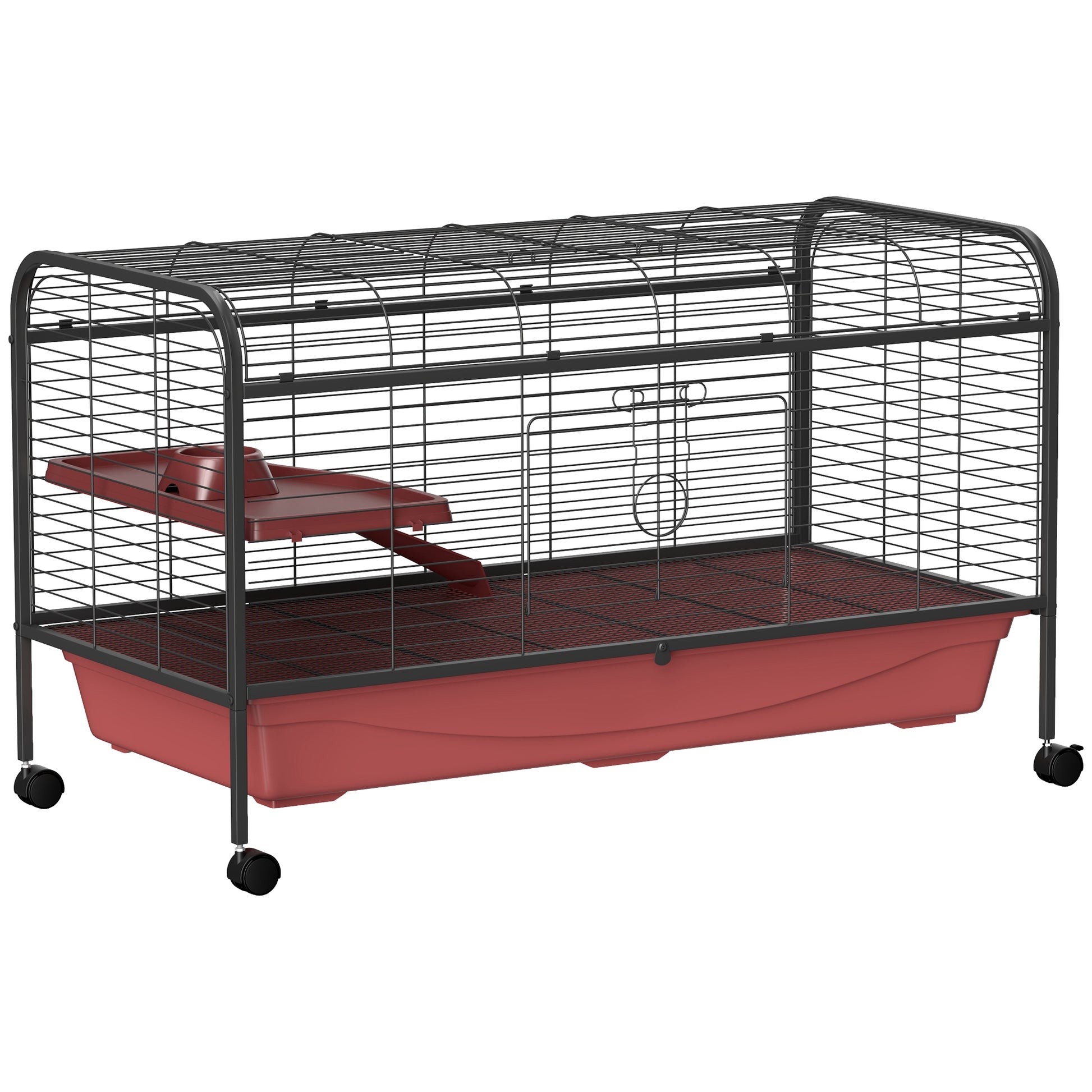 Spacious twotier wire hamster cage with red base and black metal bars featuring wheels