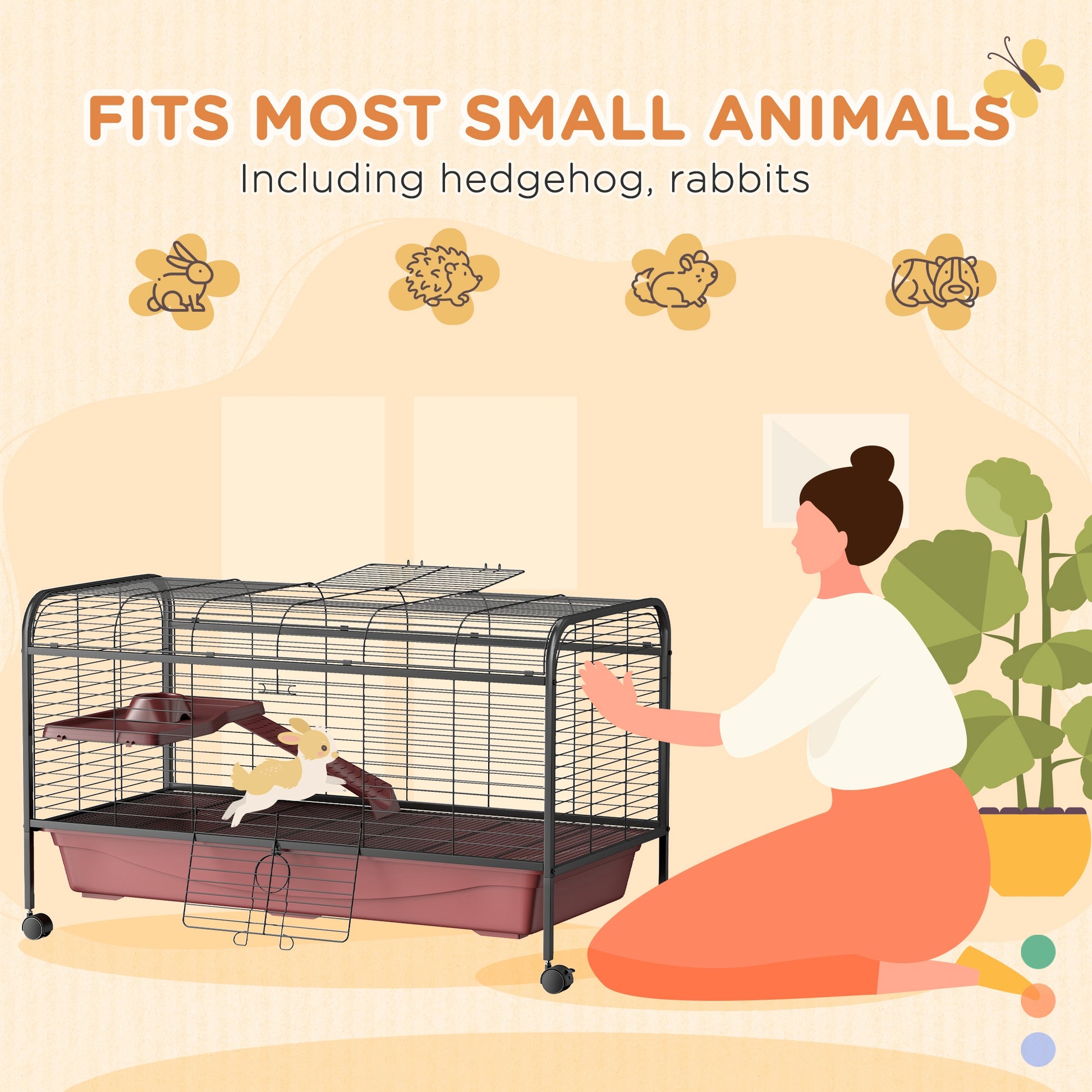 Spacious black wire small animal cage with a maroon base featuring a rabbit running on a ramp