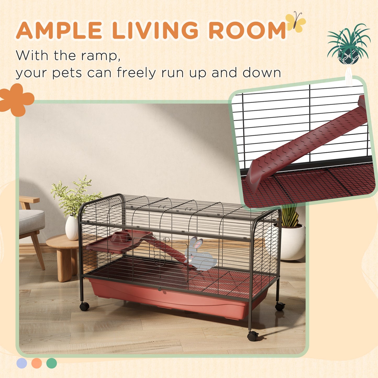 Multilevel pet cage with ramp and red base for small animals