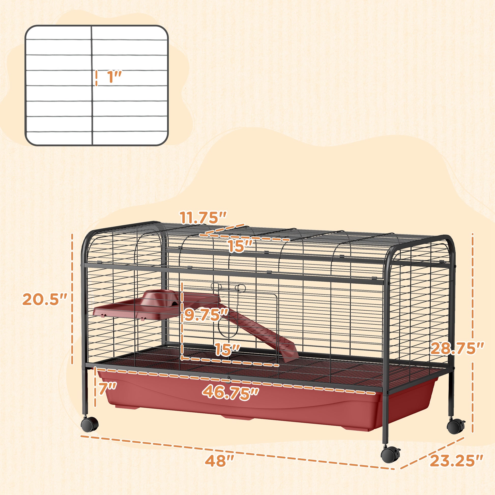 Spacious black wire critter cage with red base and ramp features dimensions