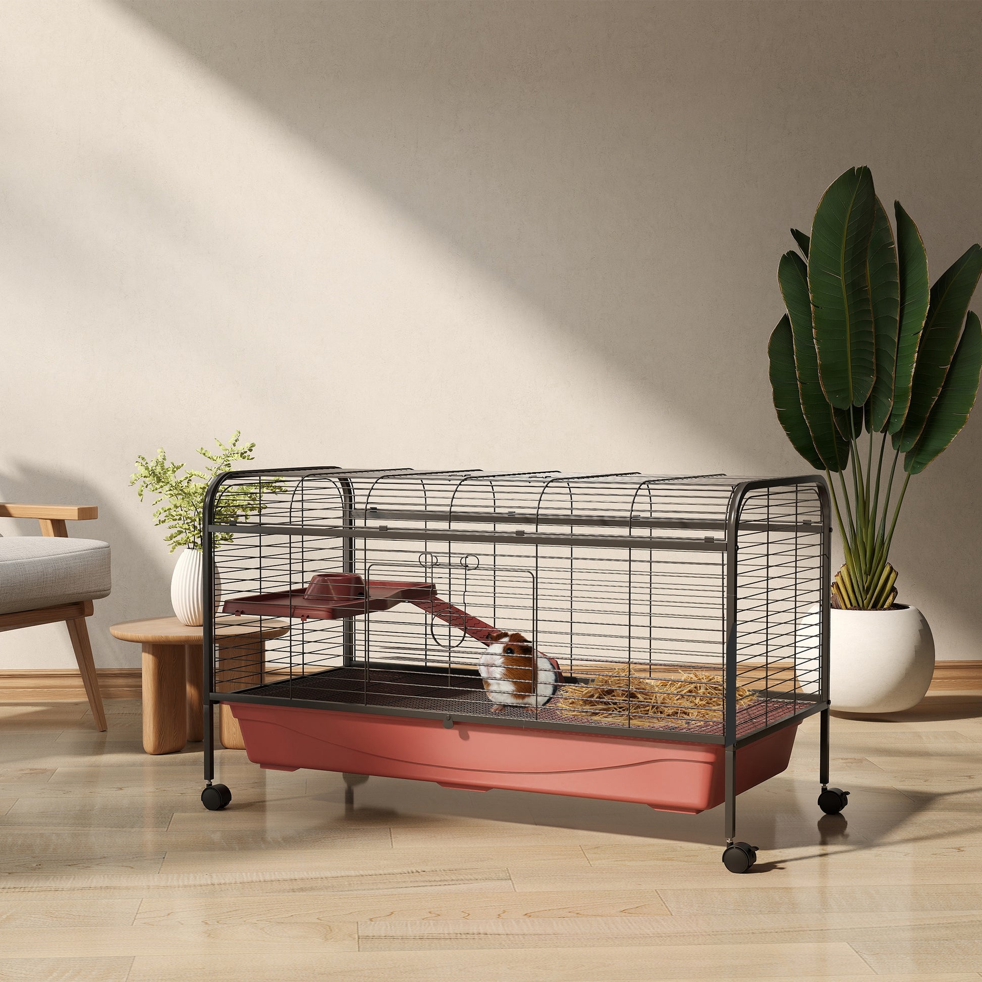 Spacious wire hamster cage with red base and ramp featuring a guinea pig and hay bedding