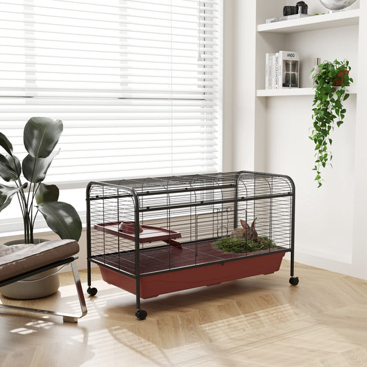 Spacious black wire rabbit hutch with red base and included feeding tray for small pets