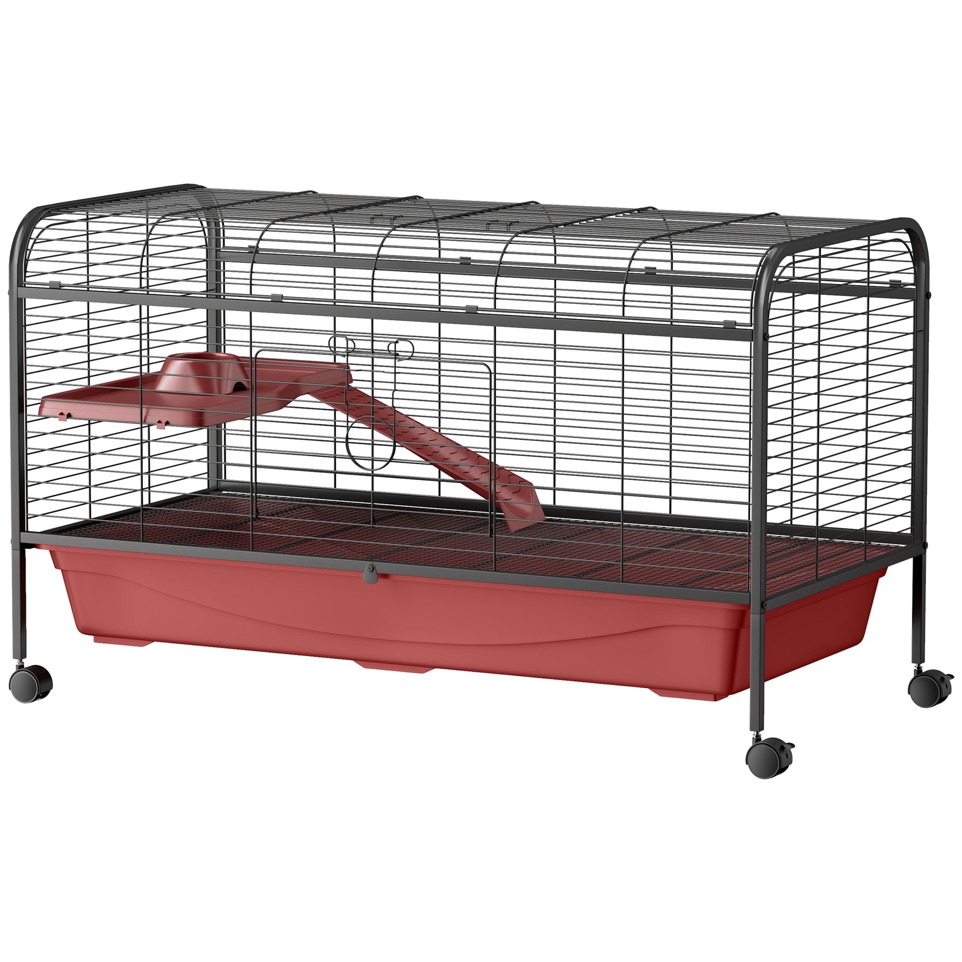 Spacious black wire hamster cage with red base and ramp