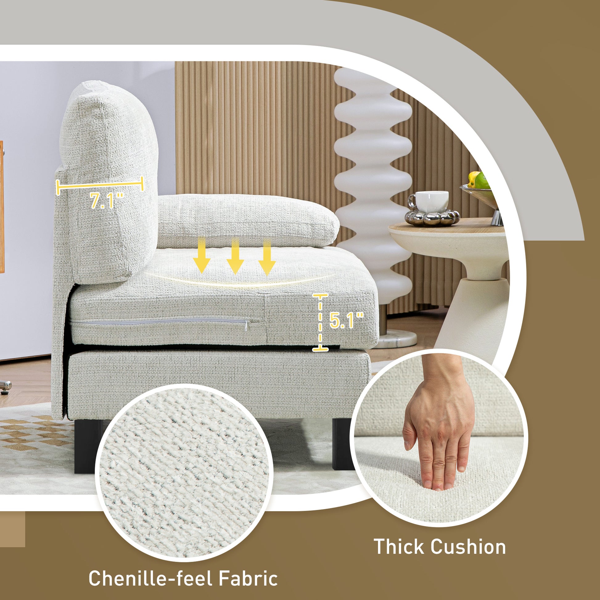 Comfortable cream chenille sofa with plush cushions and textured fabric detail