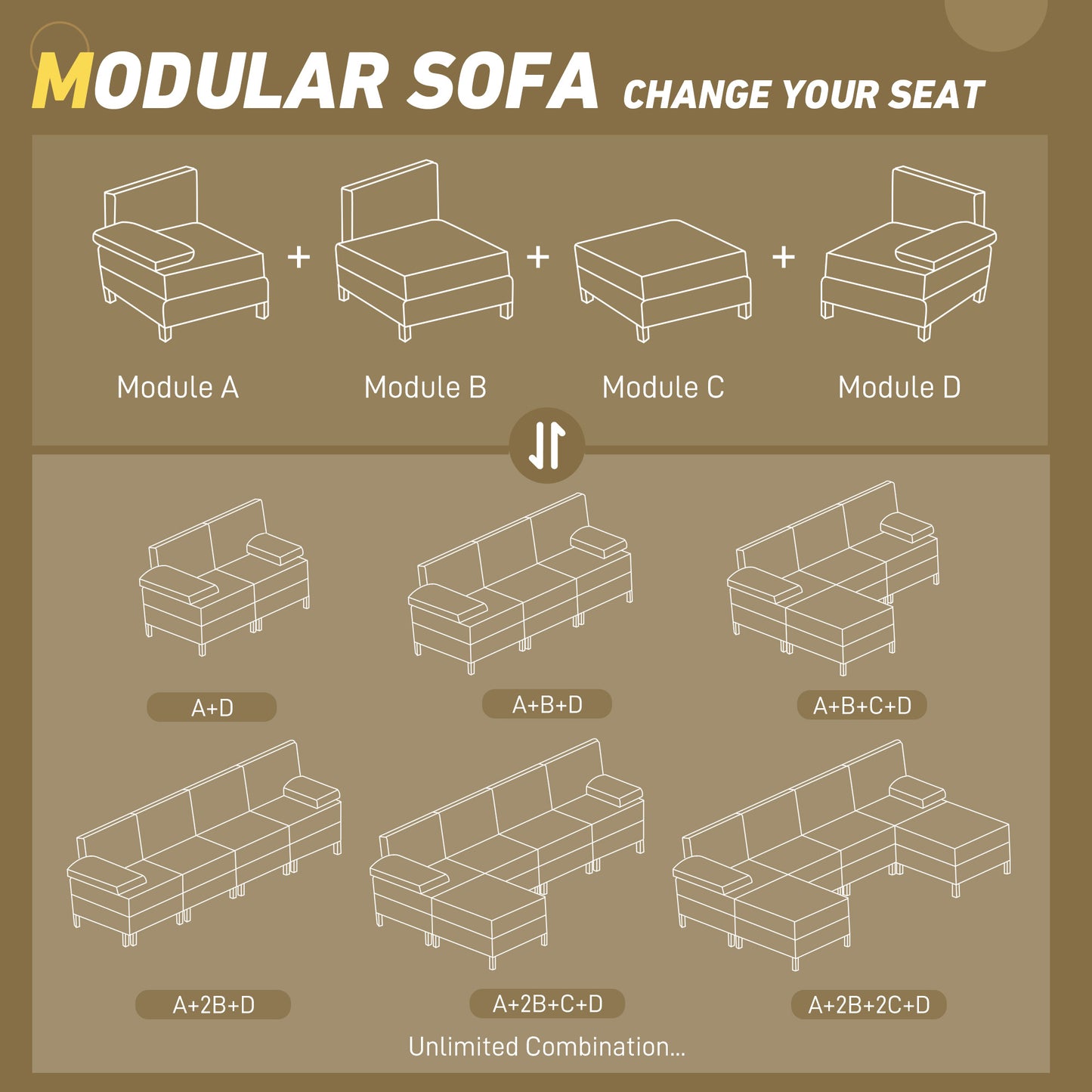 Line art illustration of a single armrest seat module for a modular sofa