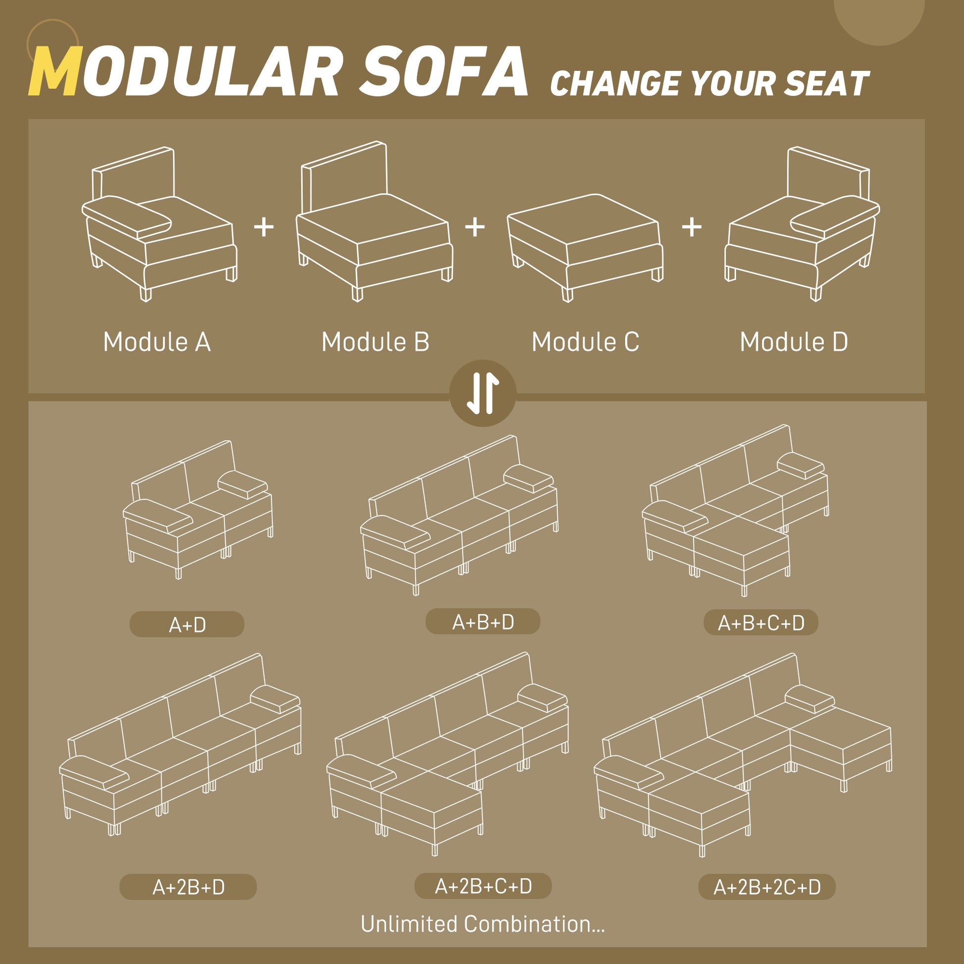 Line art illustration of a single armrest seat module for a modular sofa
