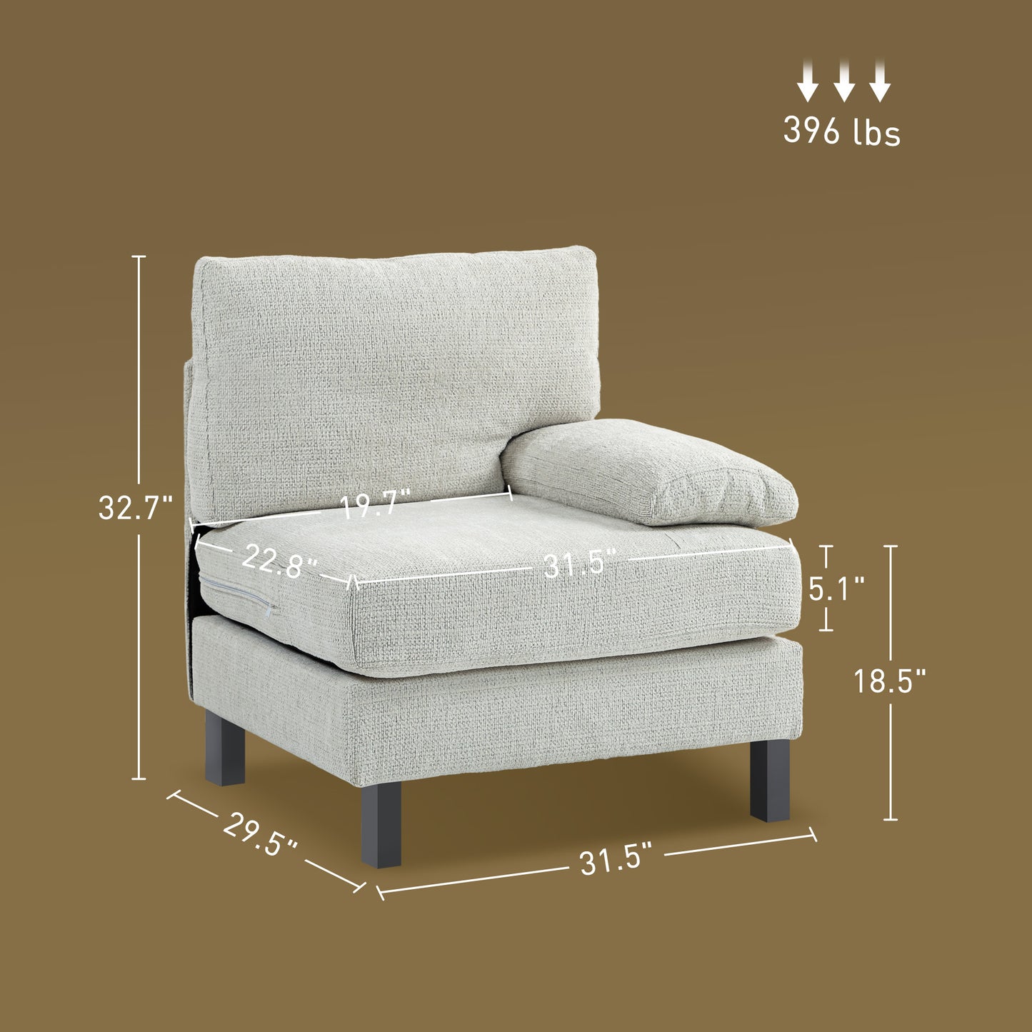 Light gray fabric armchair with dark gray legs  H  W  D