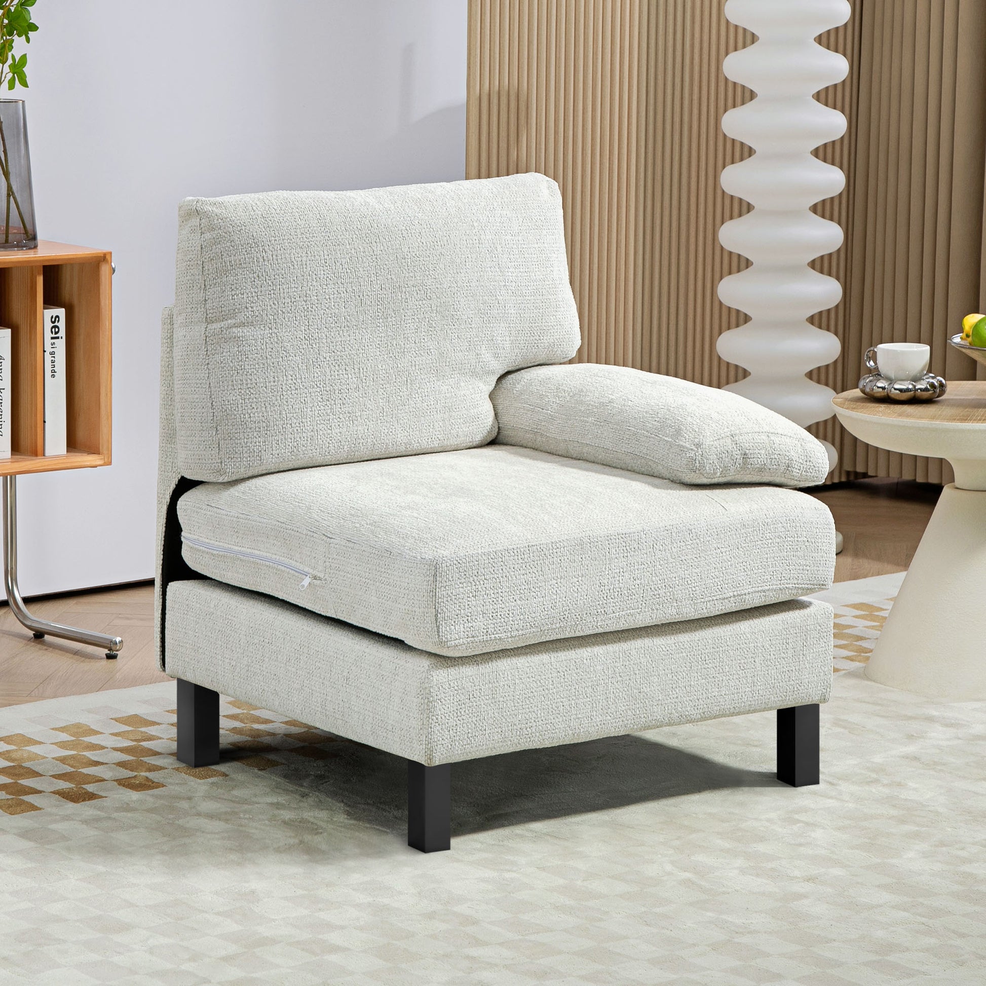 Textured cream fabric accent chair with dark wooden legs for a modern living room