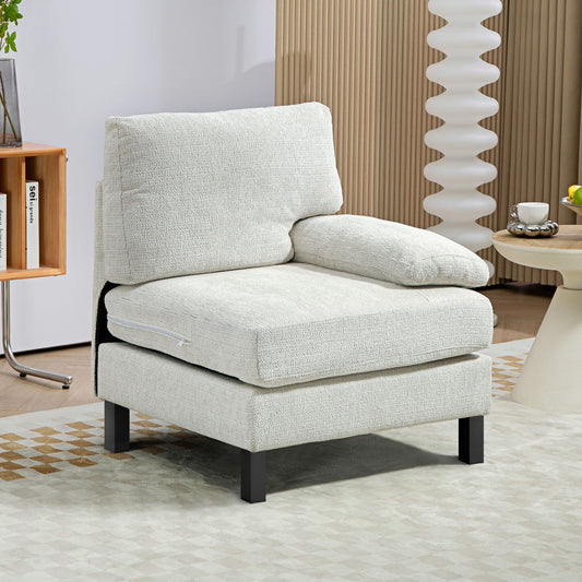 Textured cream fabric accent chair with dark wooden legs for a modern living room