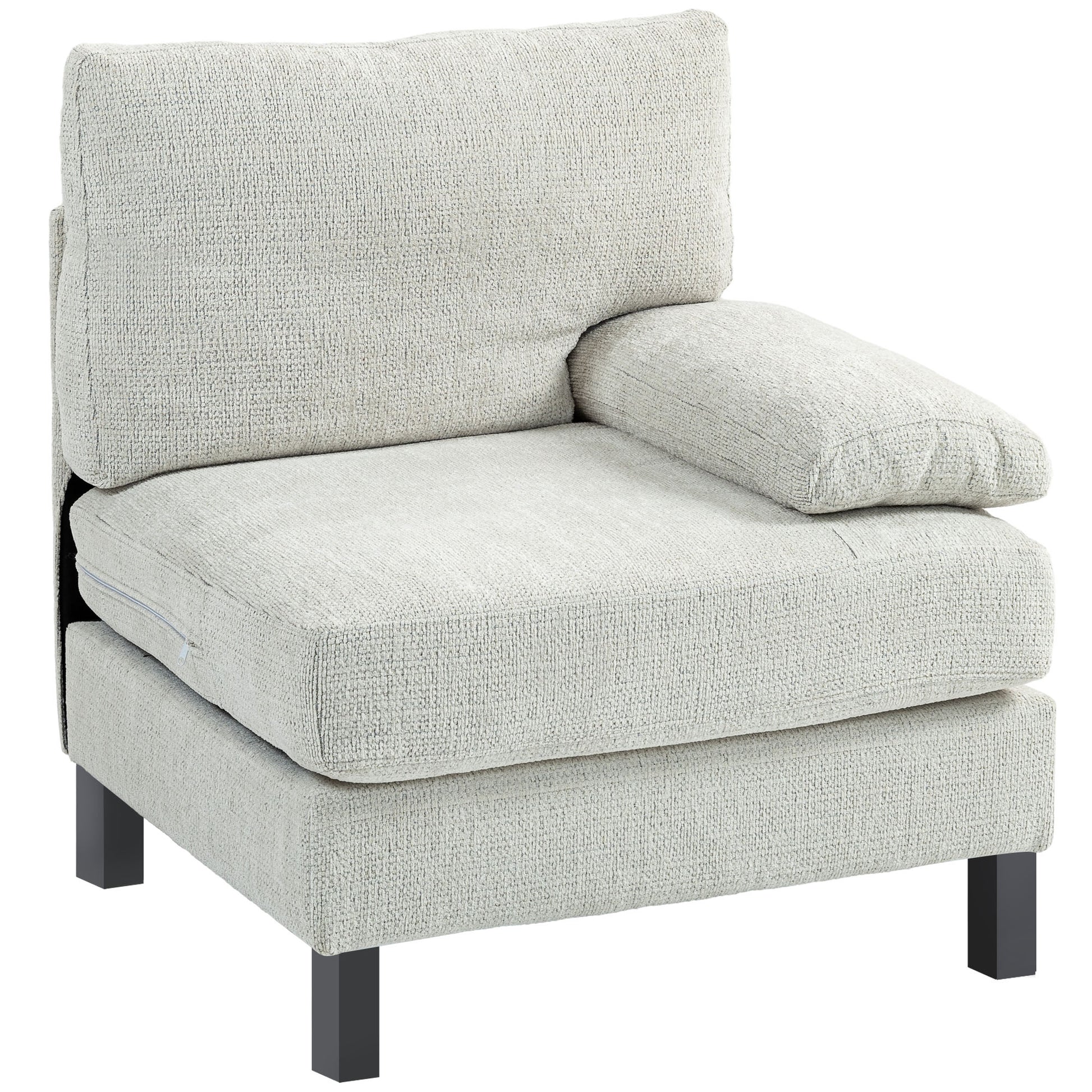 Light gray textured fabric armchair with a modular design and dark block legs