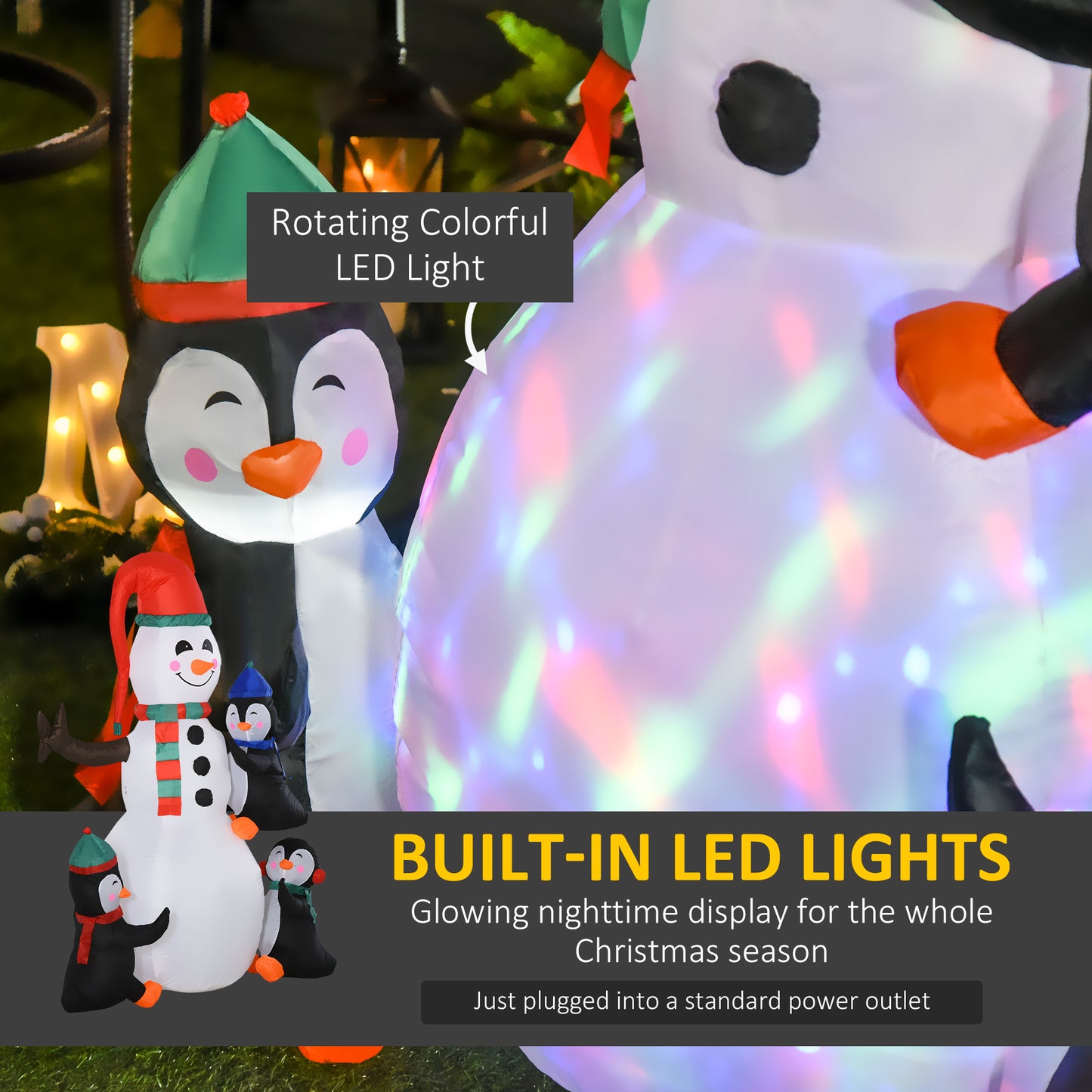 Inflatable Christmas snowman with penguins featuring rotating colorful LED lights
