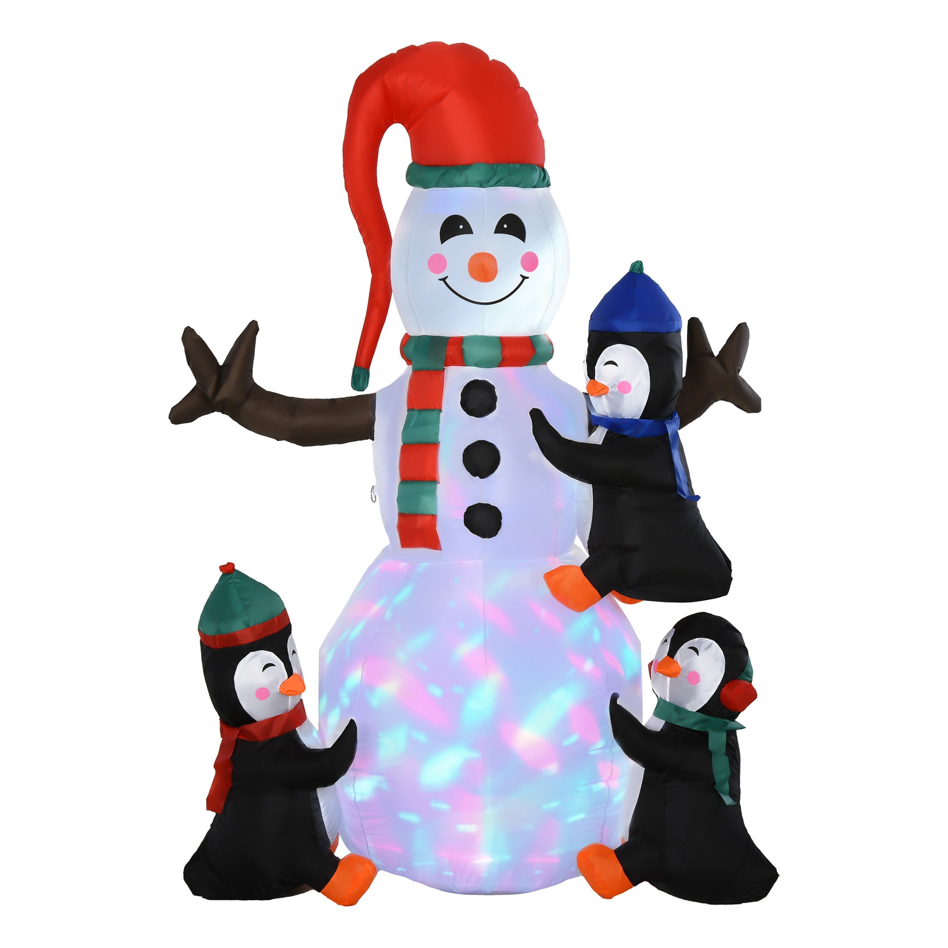 Inflatable snowman with red hat scarf and three playful penguins lit with colorful LEDs