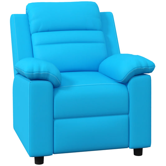Plush blue faux leather recliner armchair with padded armrests and headrest for ultimate comfort