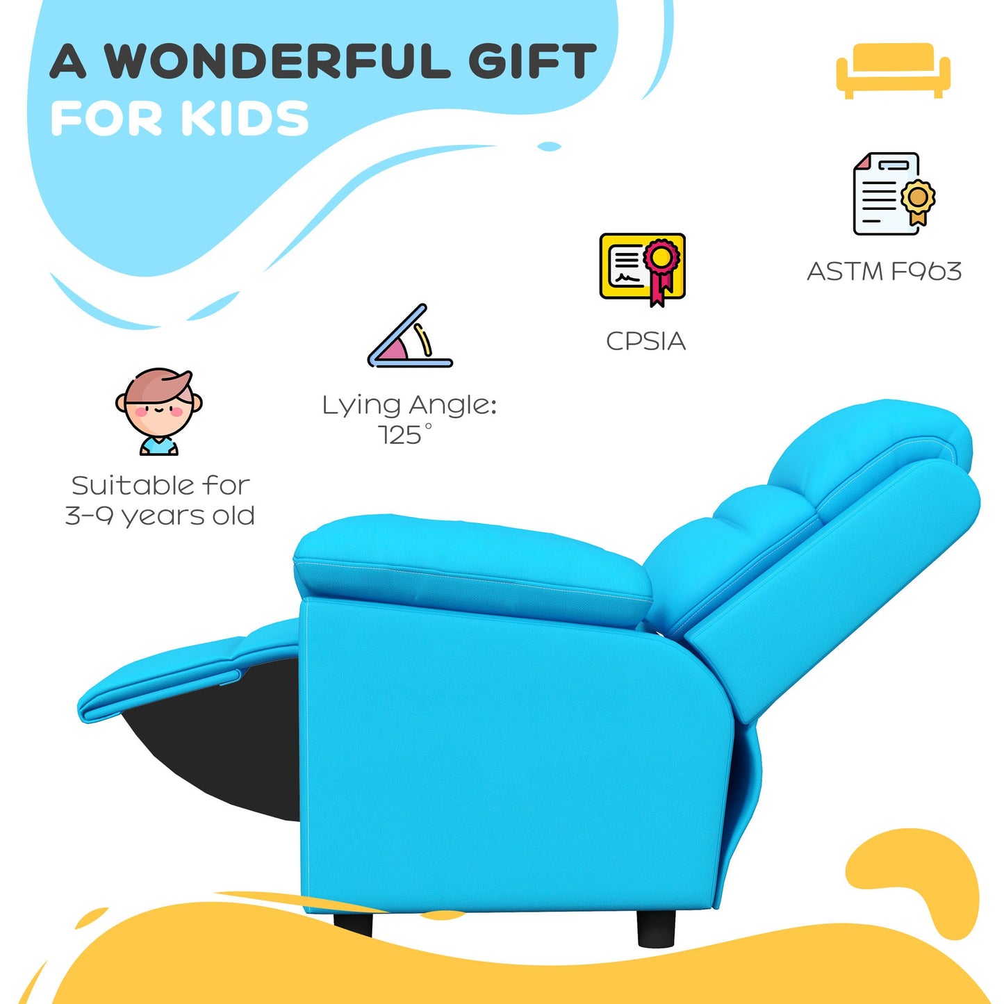 Bright blue upholstered kids recliner chair with footrest extended