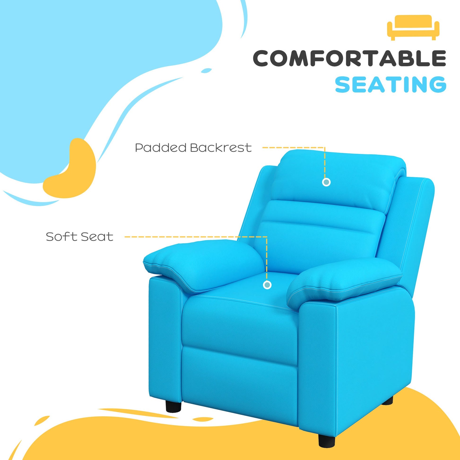 Bright blue upholstered recliner chair with padded backrest and soft seat