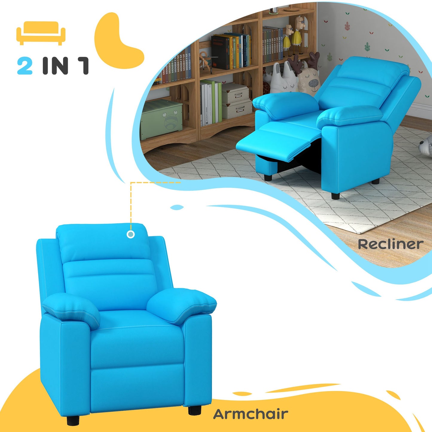 Bright blue kids recliner chair with plush cushioning for ultimate comfort