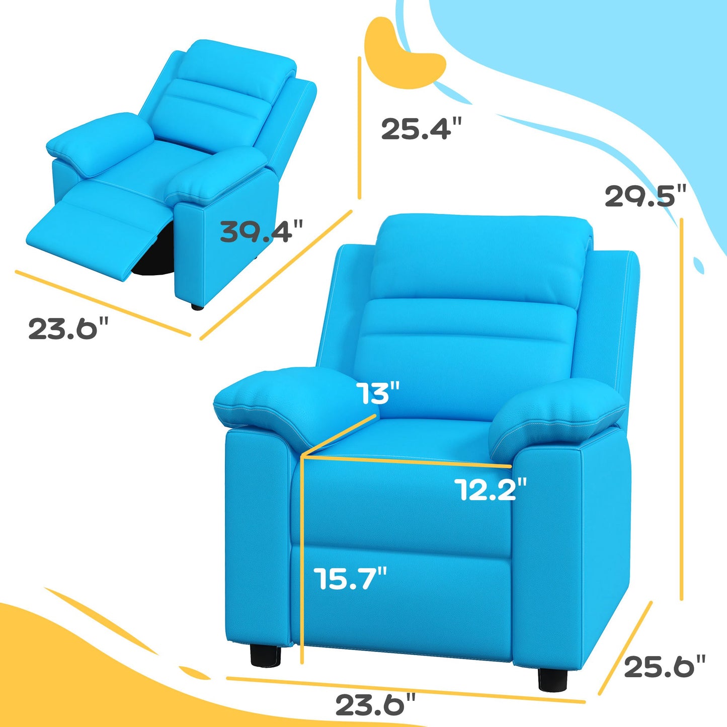 Bright blue upholstered recliner chair with padded arms and footrest extended dimensions shown