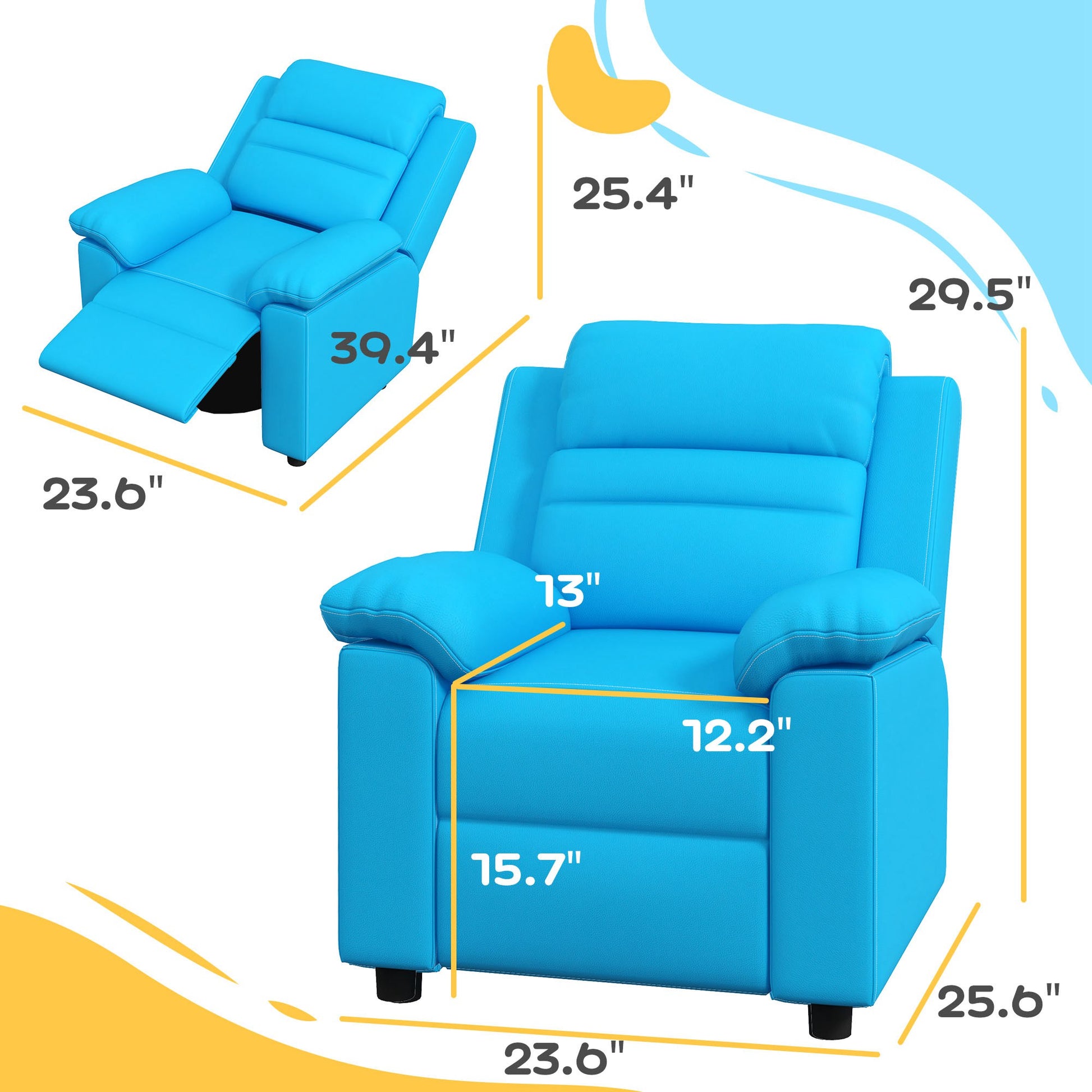 Bright blue upholstered recliner chair with padded arms and footrest extended dimensions shown