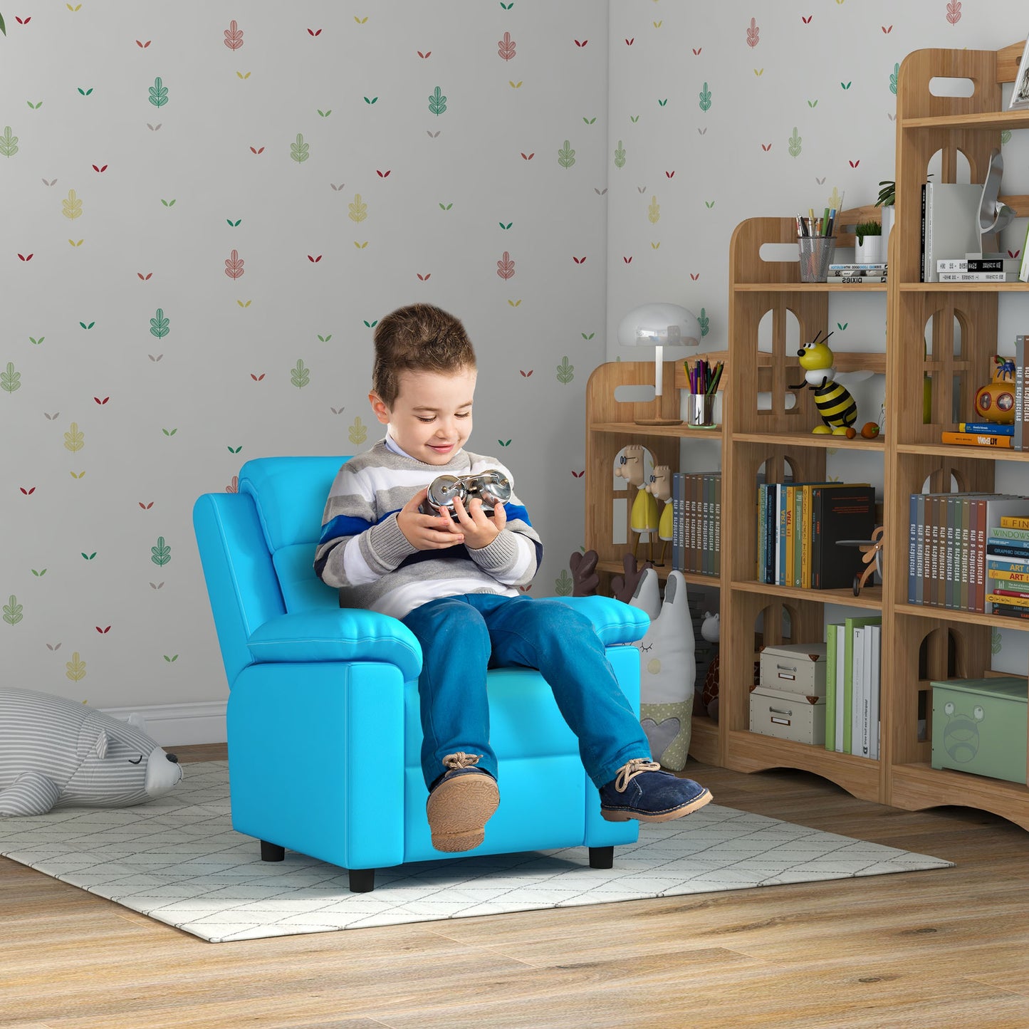 Bright blue toddler armchair with upholstered design perfect for a childs reading nook
