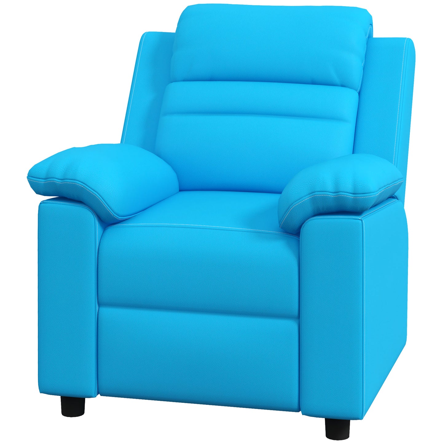 Bright blue faux leather recliner chair with plush cushioning and stitched details