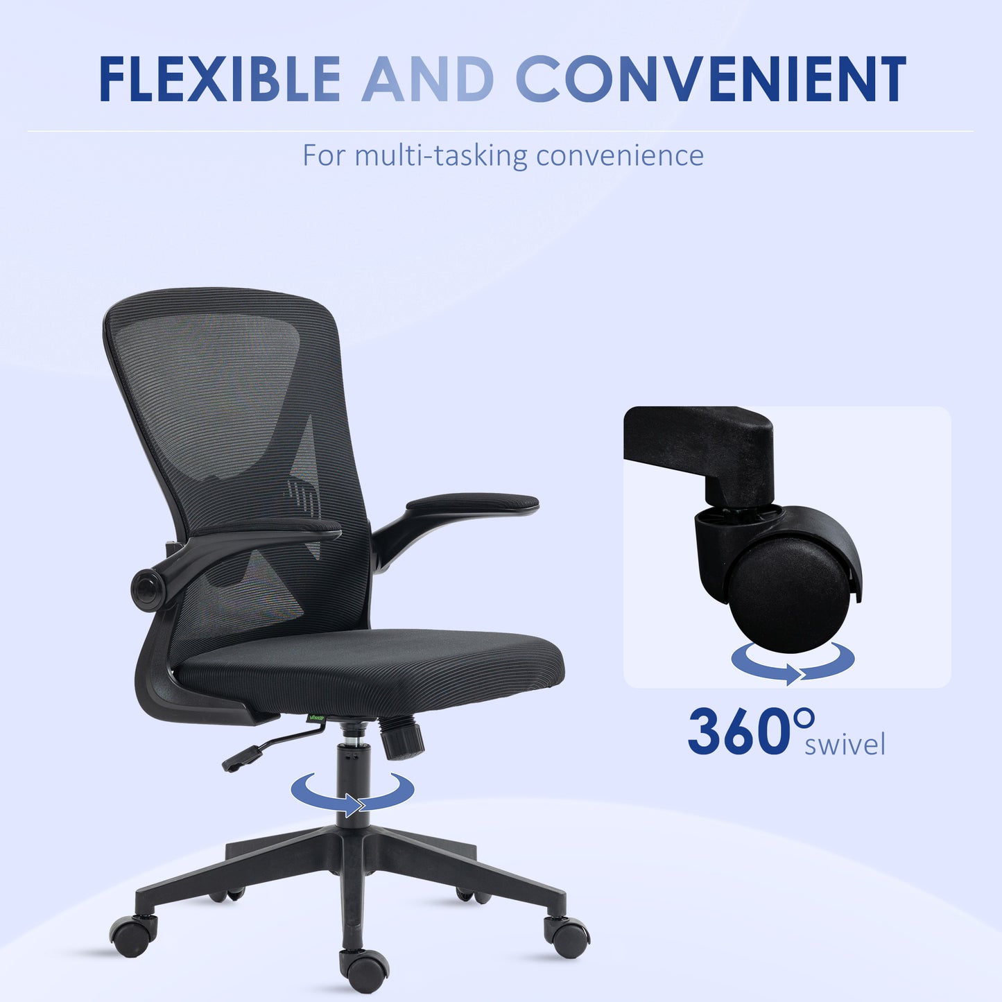 Black mesh ergonomic office chair with adjustable armrests and degree swivel base