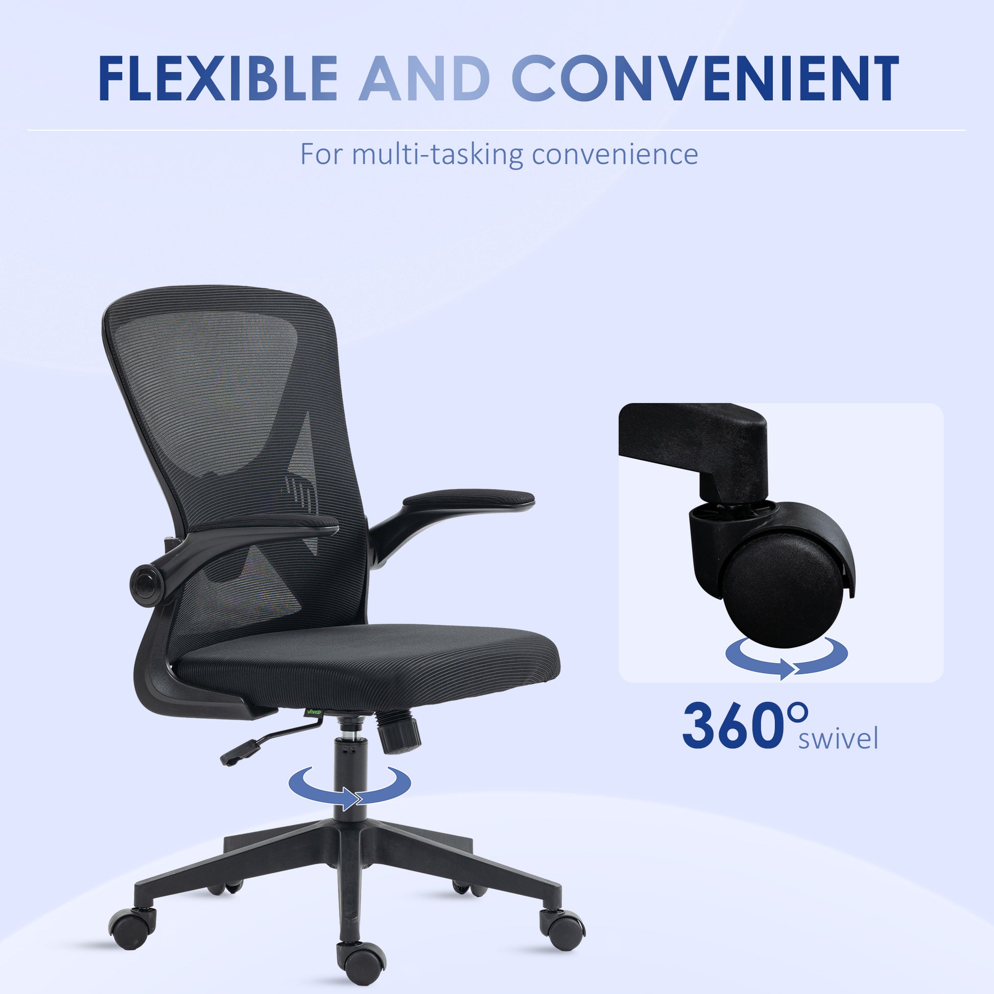 Black mesh ergonomic office chair with adjustable armrests and degree swivel base