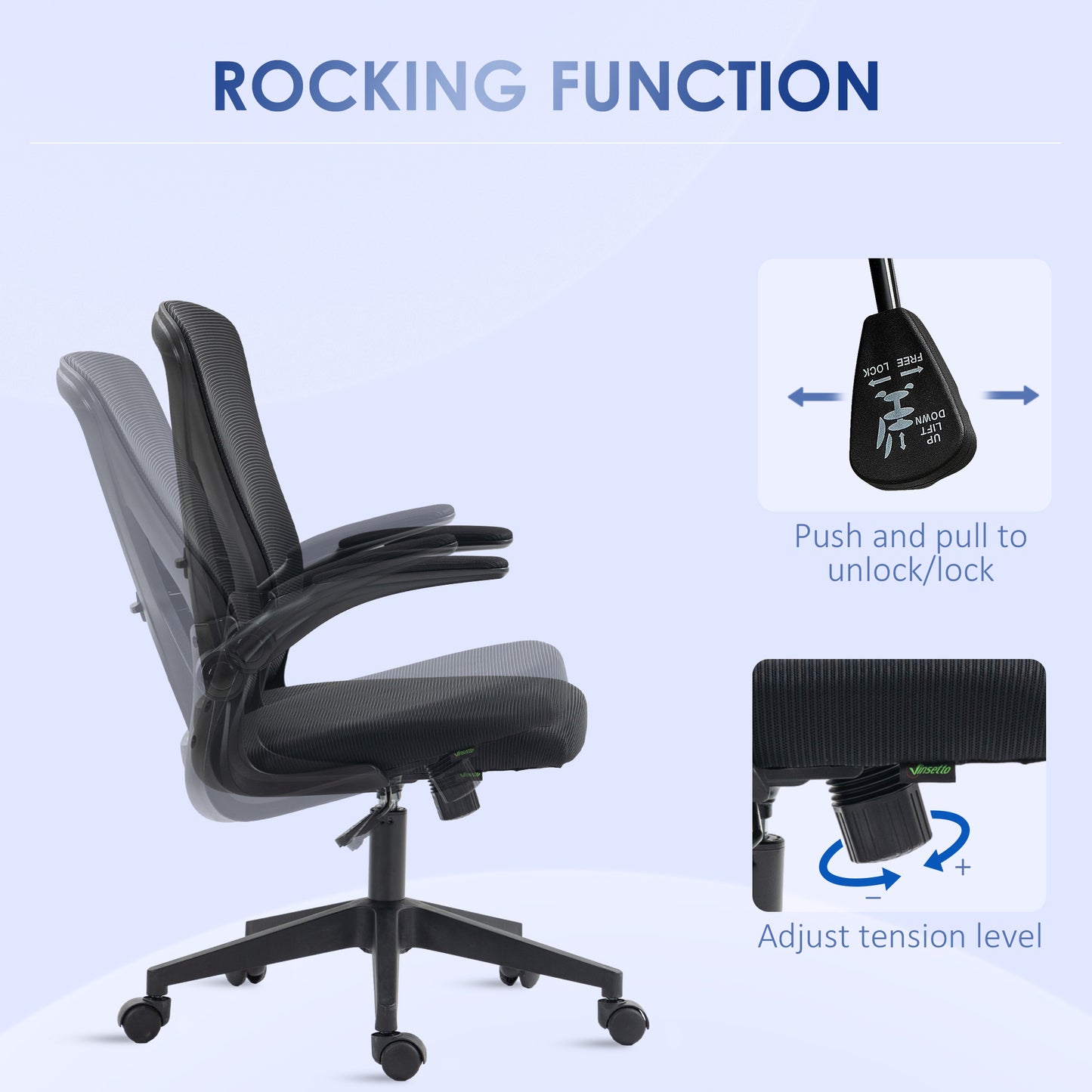 Black mesh ergonomic office chair with rocking function and adjustable tension knob