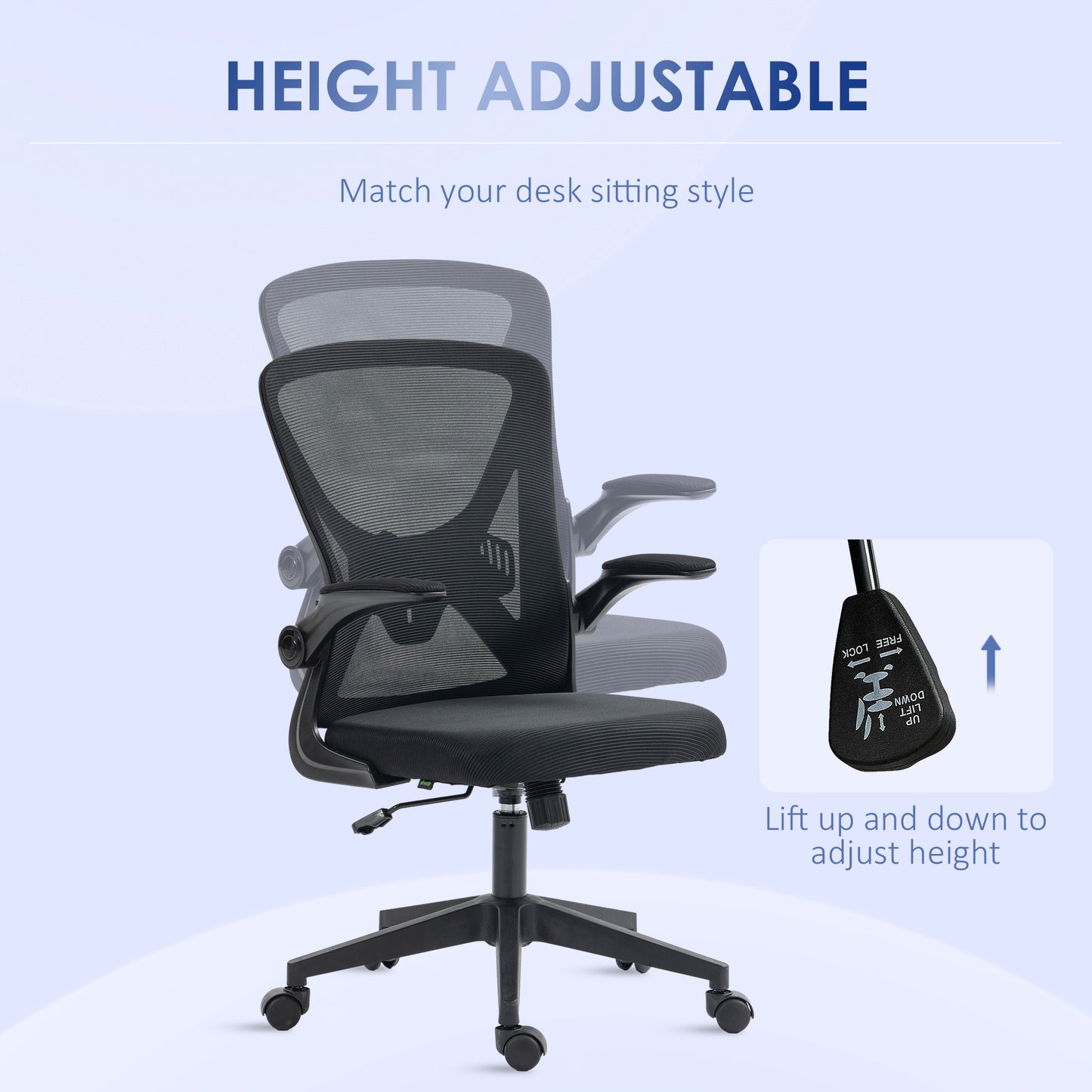 Black mesh office chair with height adjustment lever and adjustable armrests