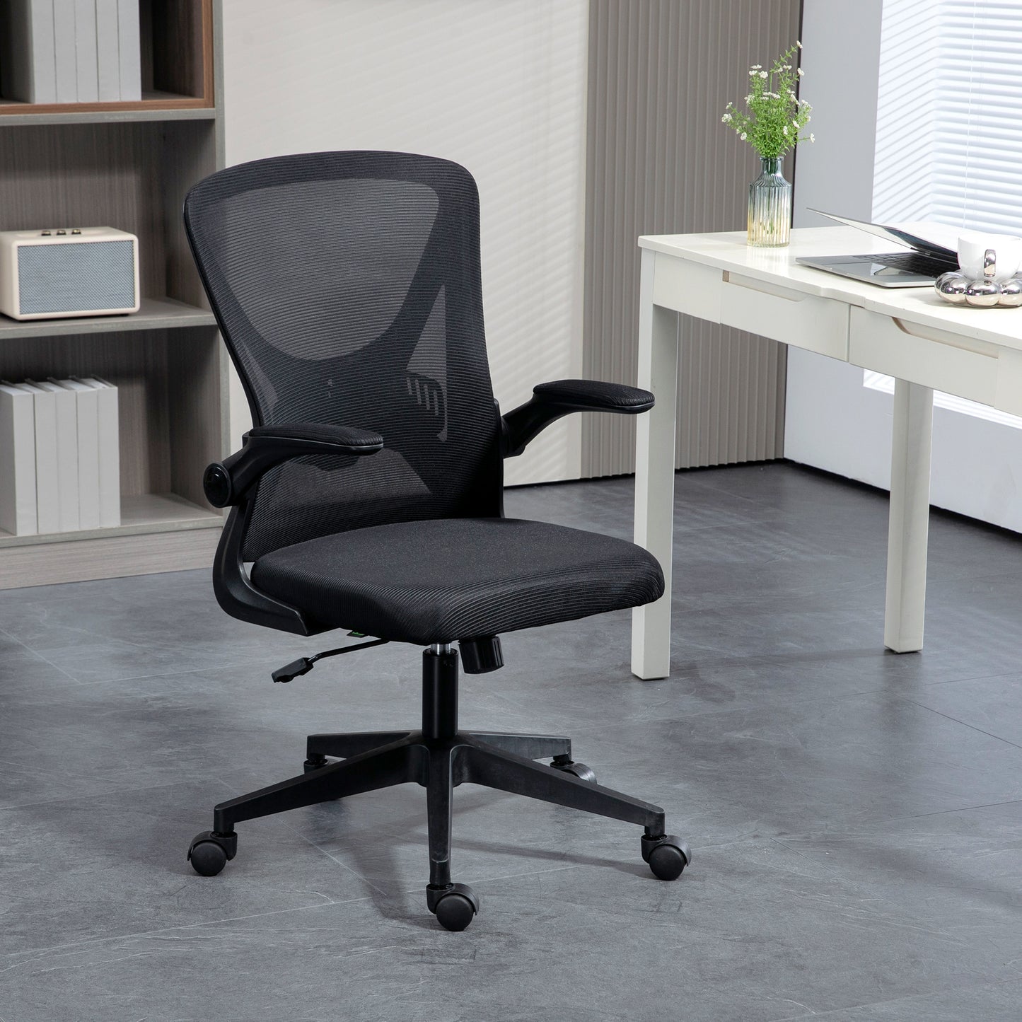 Ergonomic mesh back office chair with adjustable armrests and lumbar support for comfortable work