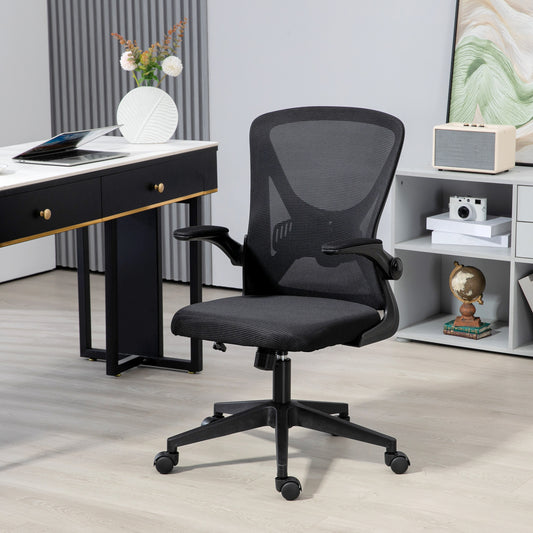 Black mesh ergonomic office chair with adjustable arms and lumbar support
