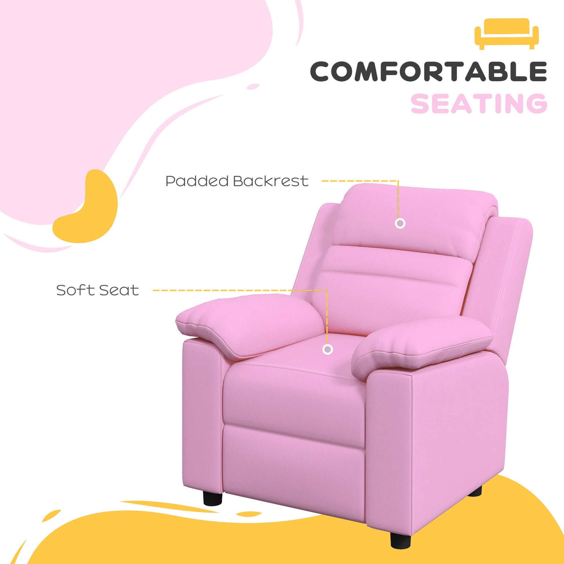 Pink upholstered recliner chair with padded backrest and soft seat