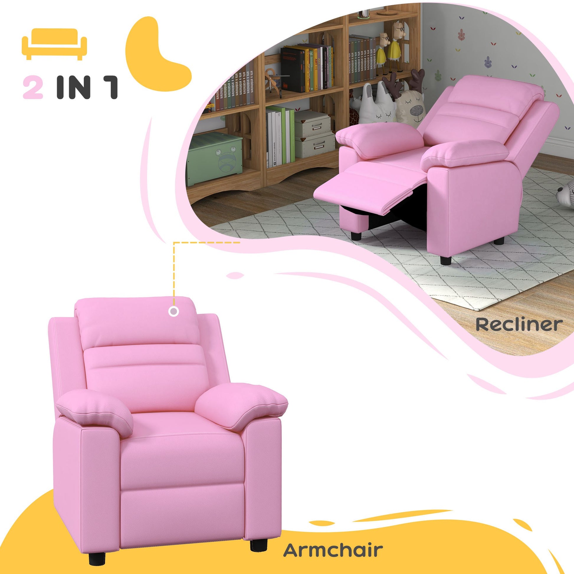 Pink upholstered kids recliner chair with padded arms and footrest perfect for playrooms