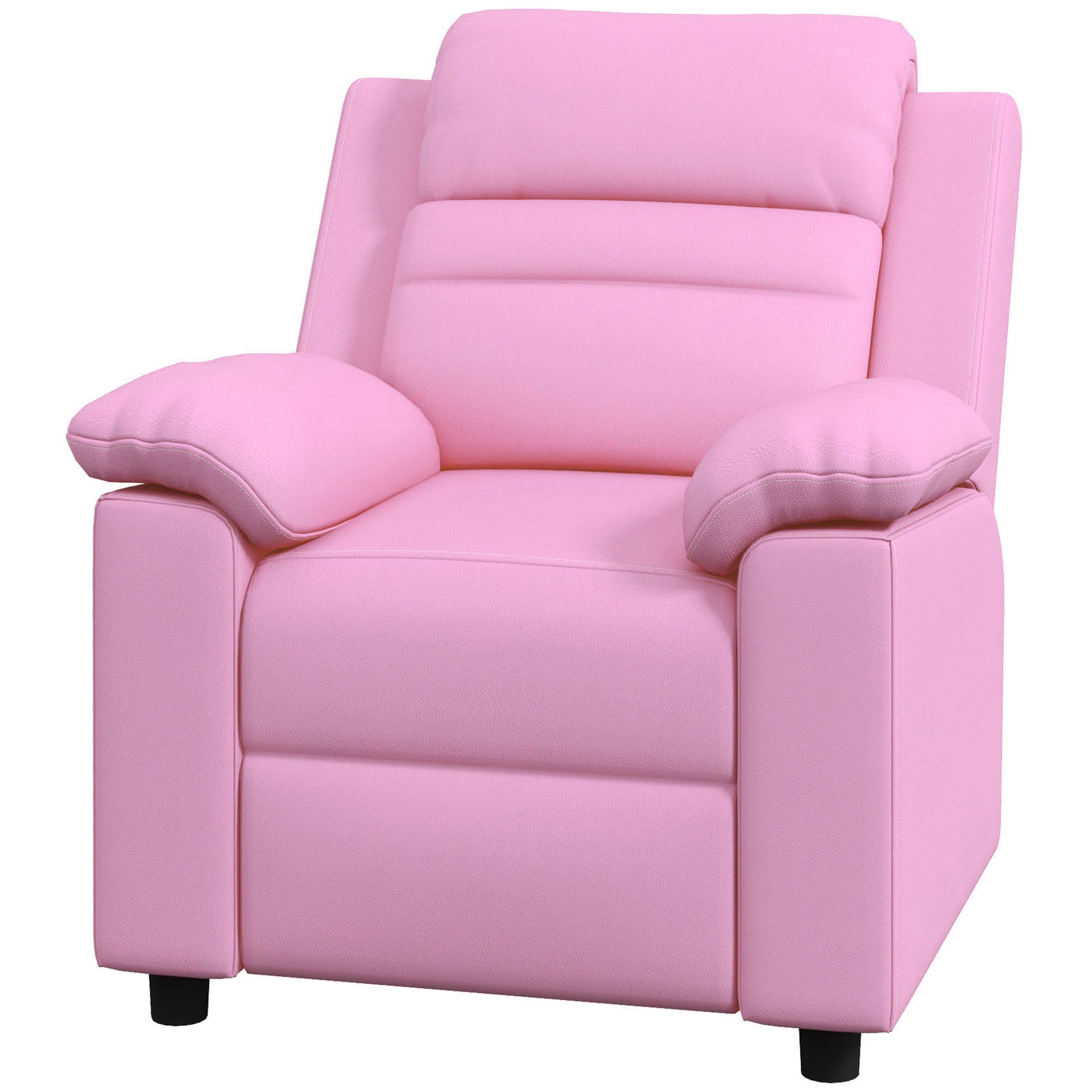 Plush pink faux leather recliner chair with padded arms and headrest for comfortable seating