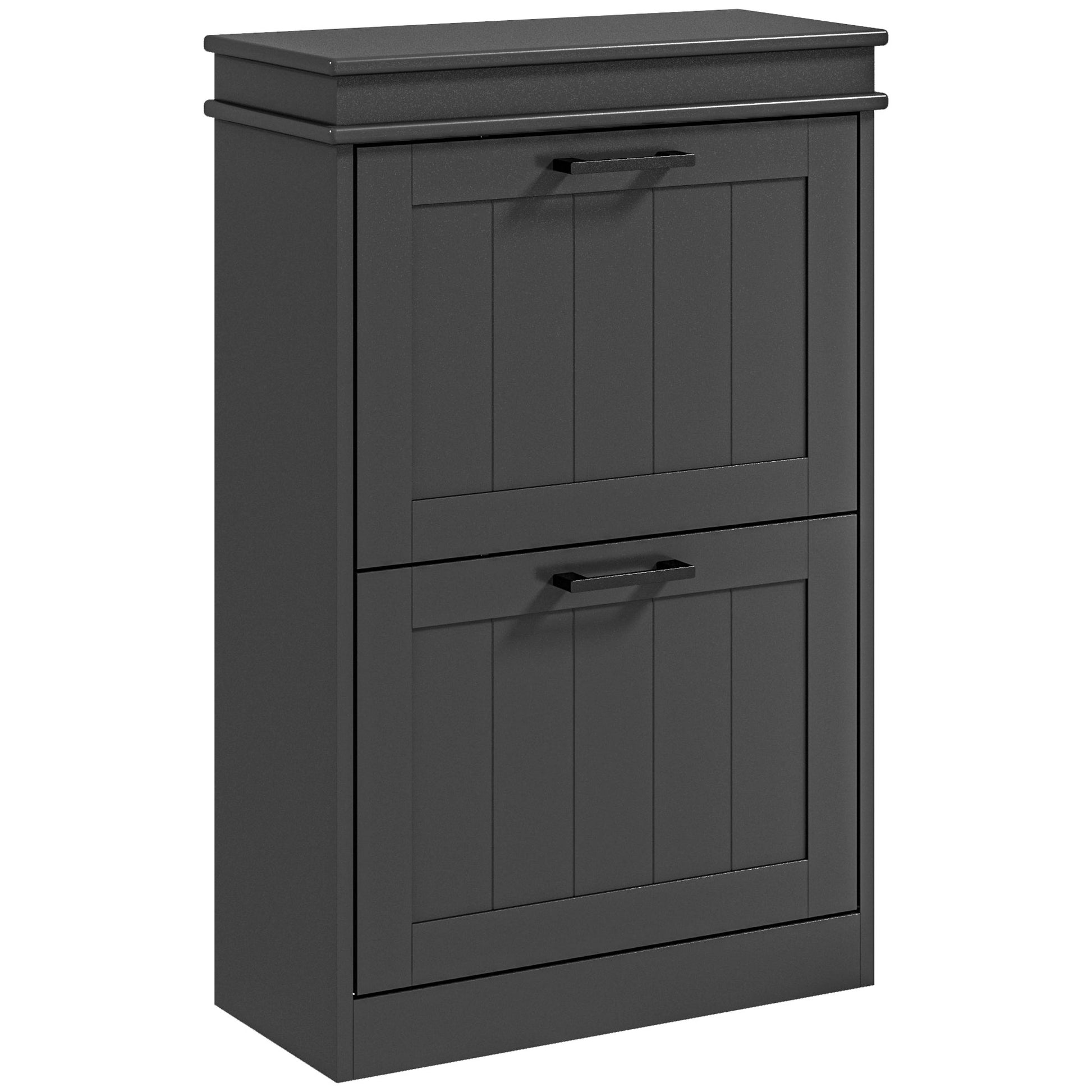 Contemporary dark grey twodoor shoe cabinet with sleek black handles for entryway storage