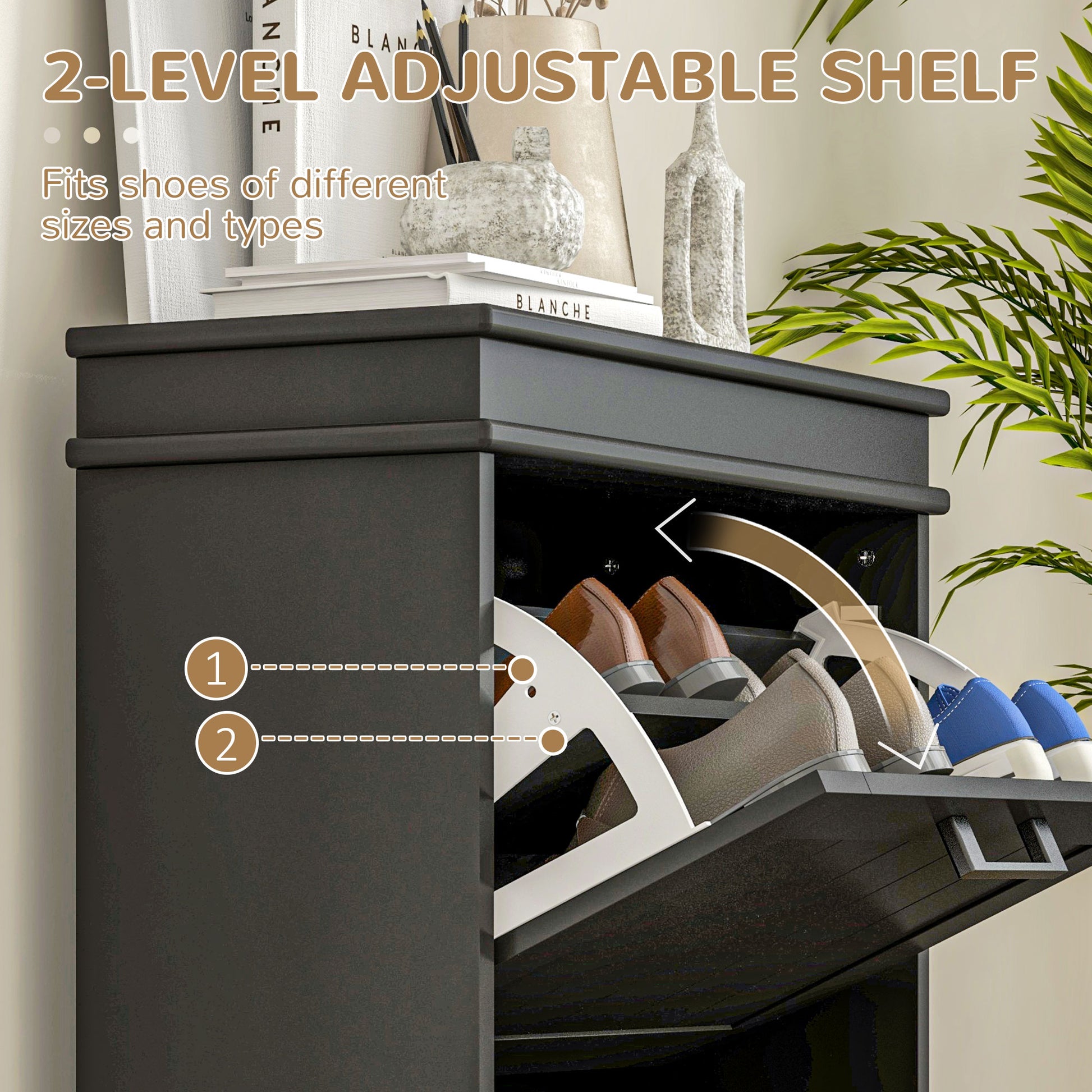 Dark gray modern level adjustable shoe cabinet with flipout drawers holding mens dress shoes