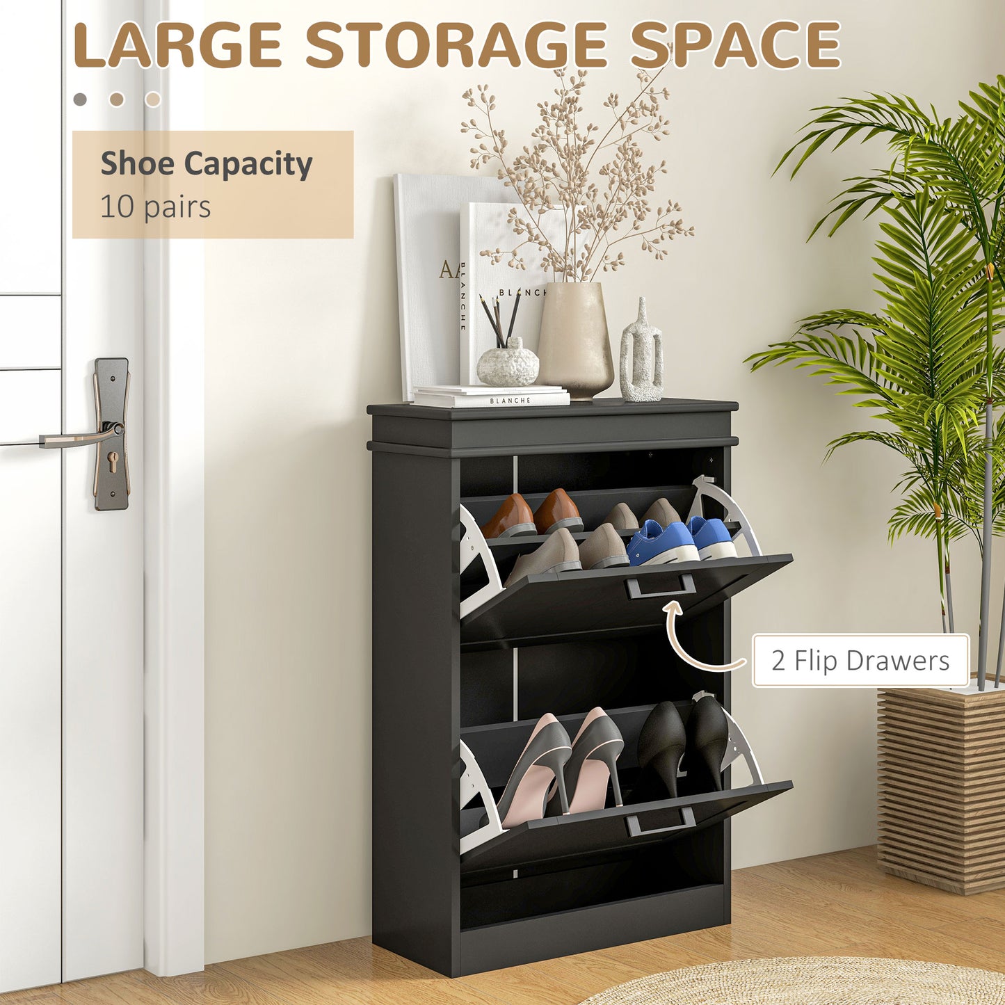 Black shoe cabinet with  flip drawers holding  pairs of shoes