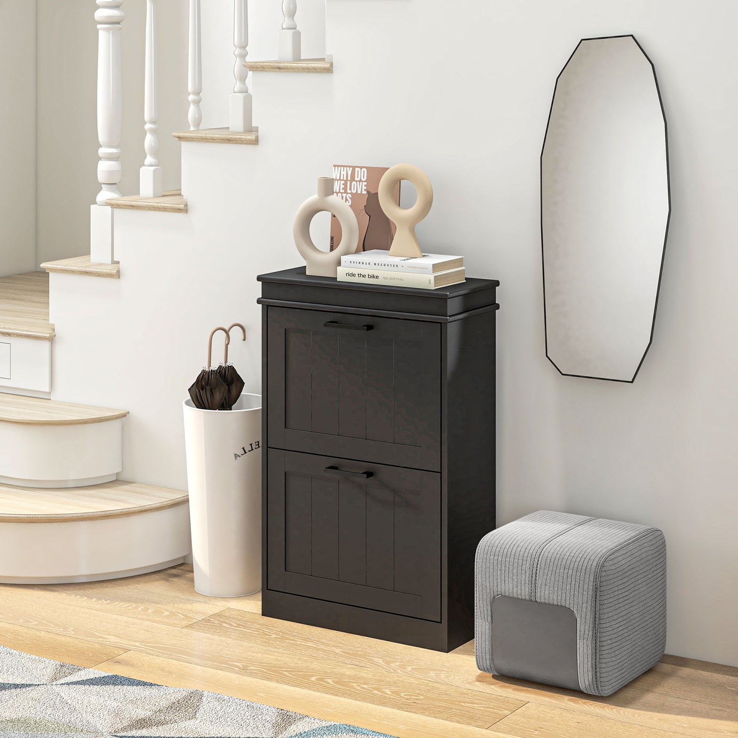 Dark brown wooden shoe cabinet with two flipout drawers and modern black handles