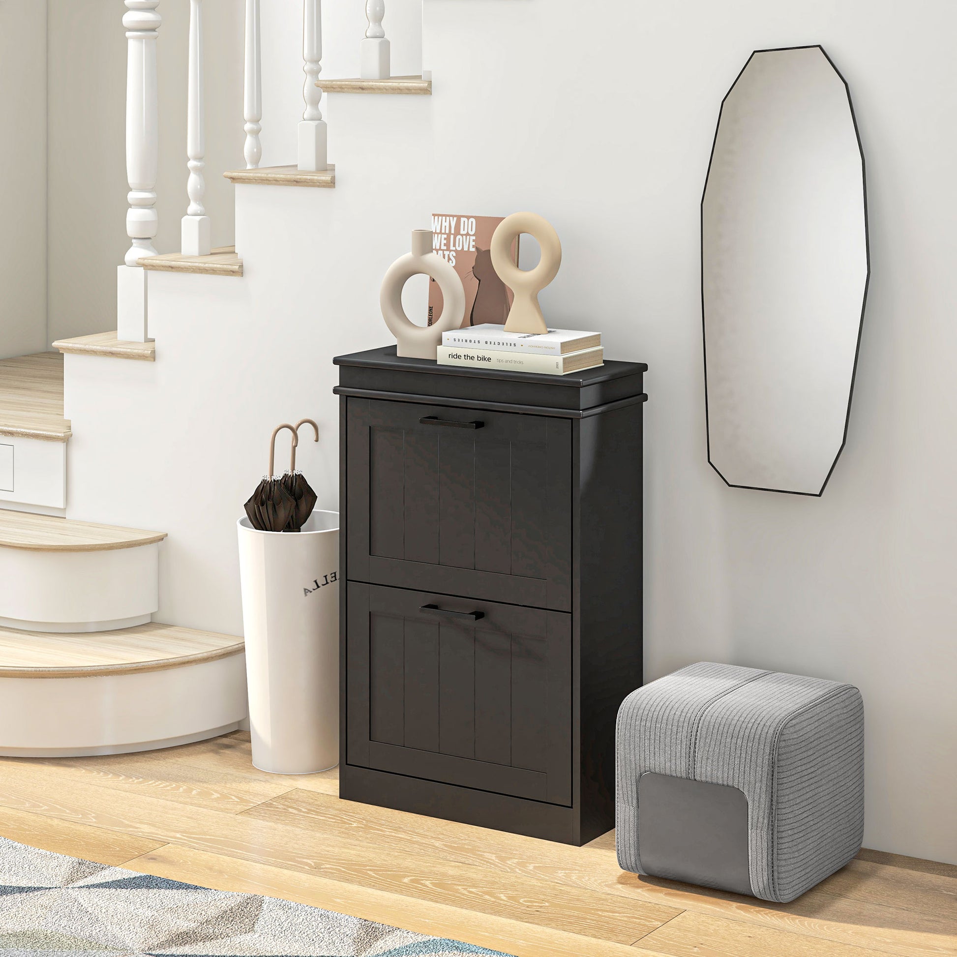 Dark brown wooden shoe cabinet with two flipout drawers and modern black handles