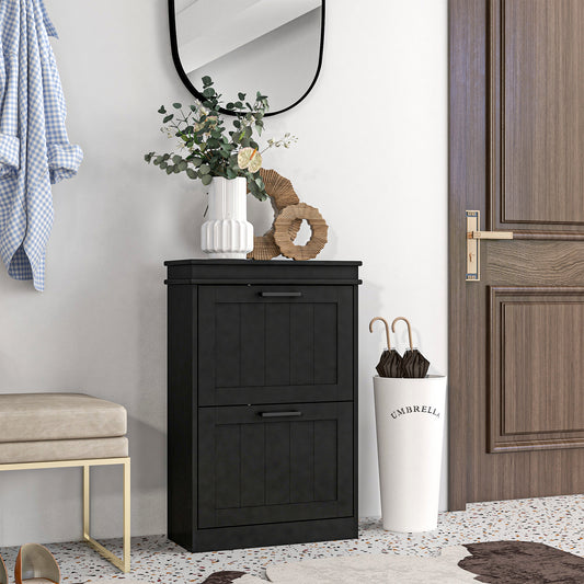 Black twodrawer shoe cabinet with minimalist design and brushed metal handles