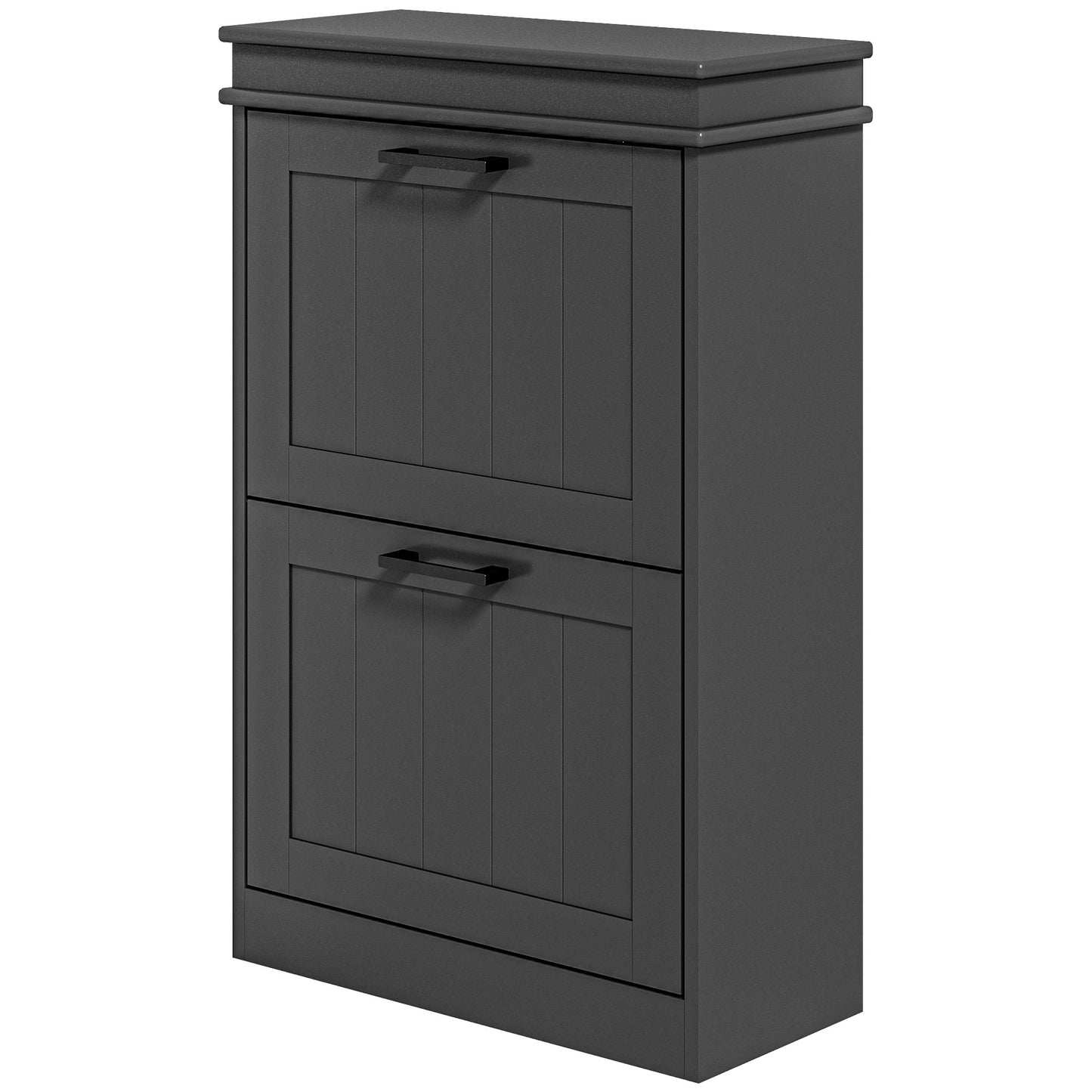 Dark gray twodoor shoe cabinet with paneled doors and black handles