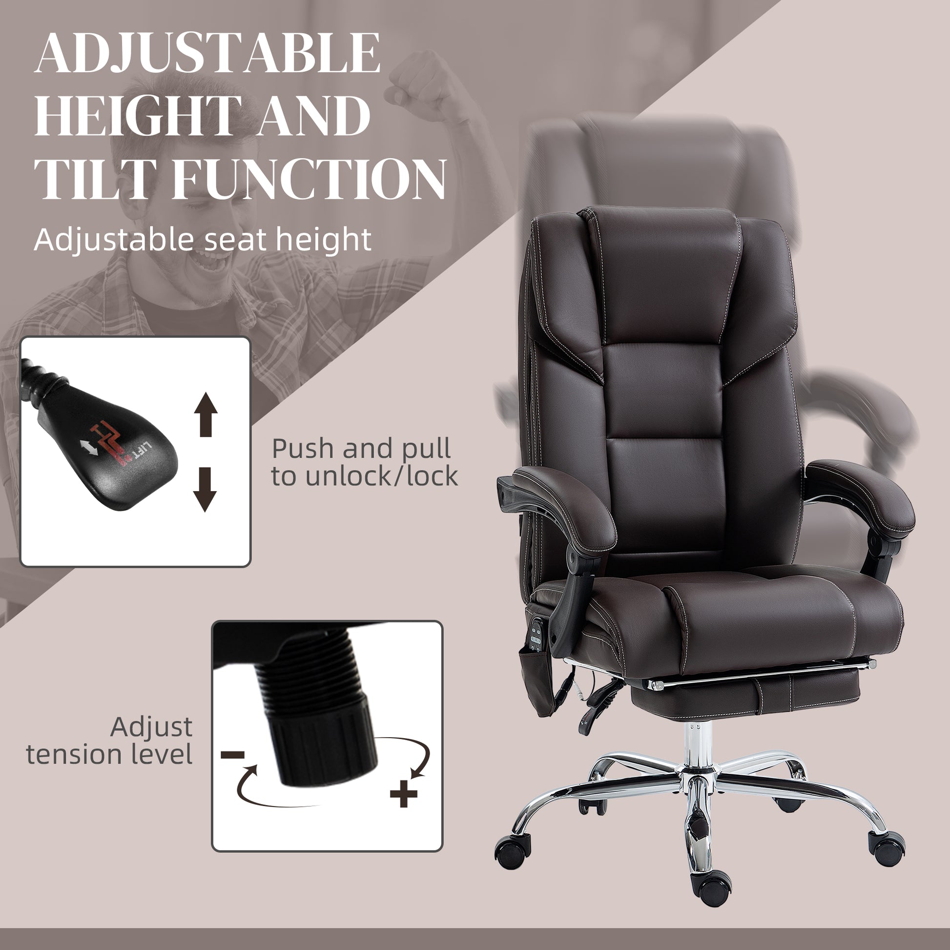Dark brown ergonomic office chair with adjustable height and tilt function