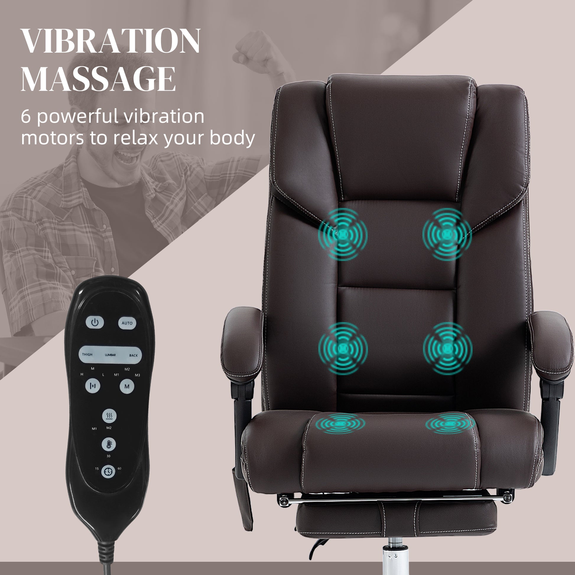 Brown faux leather office chair with  vibration motors for massage therapy