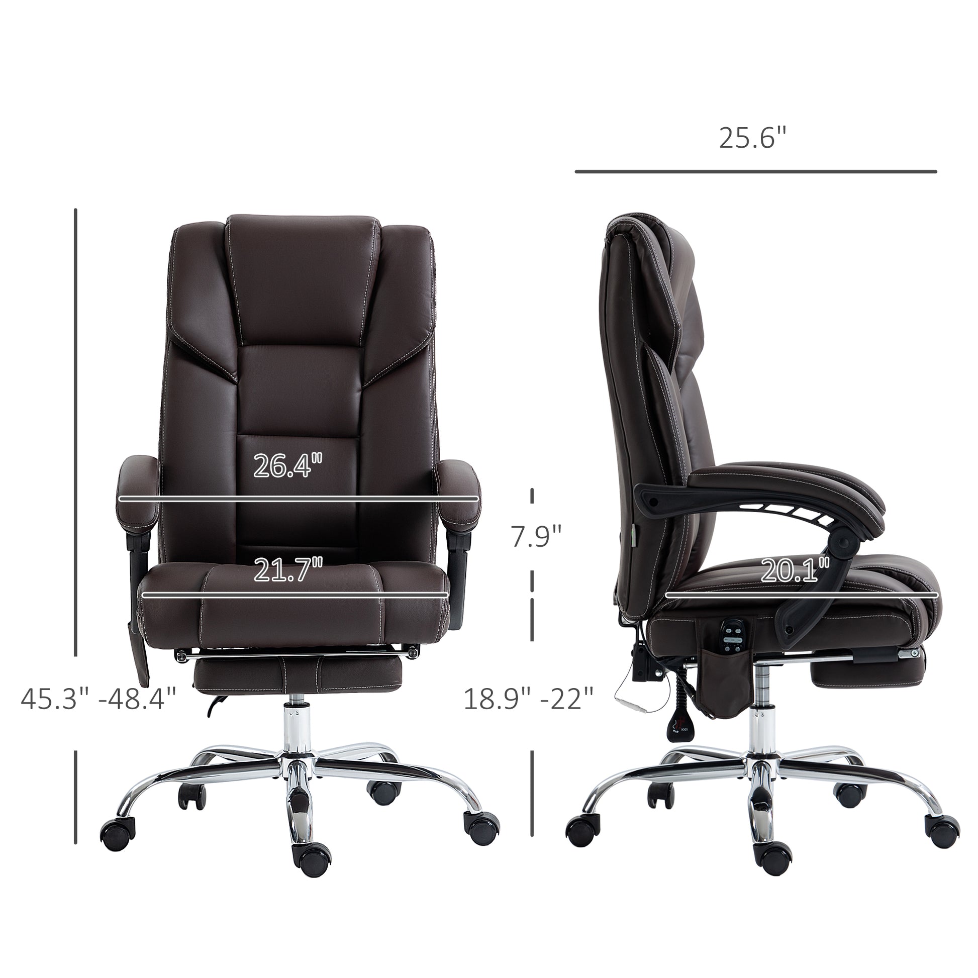Brown executive office chair with padded arms and integrated footrest