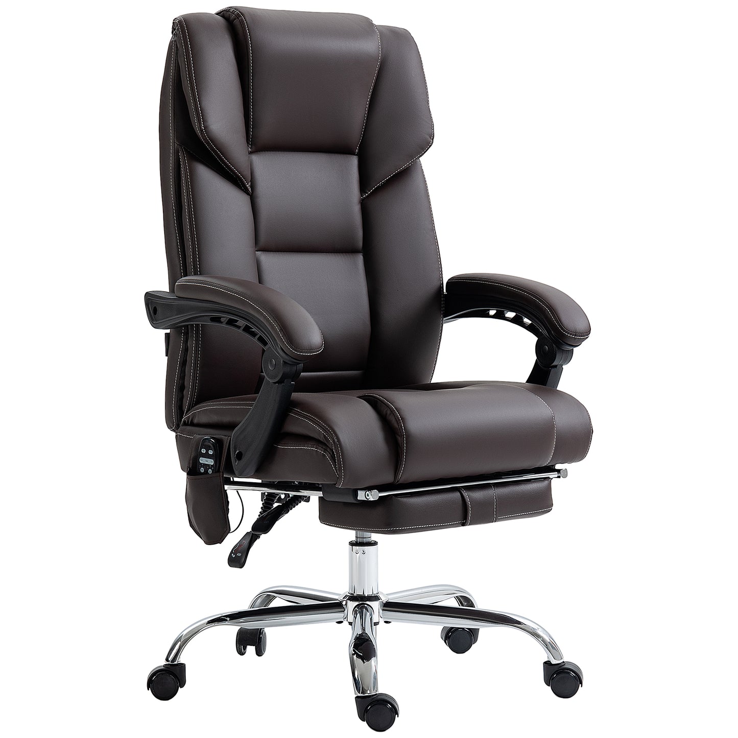 Padded brown leather executive chair with adjustable footrest and lumbar support