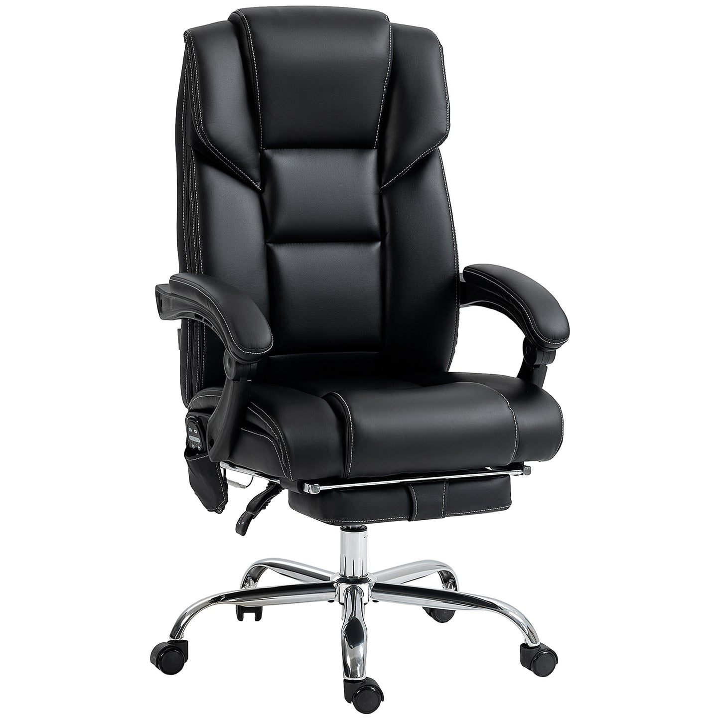 Black executive office chair with adjustable footrest and white stitching