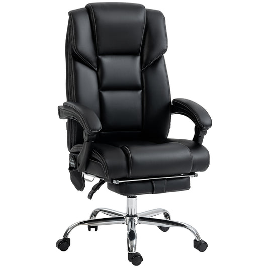Black executive office chair with adjustable footrest and white stitching
