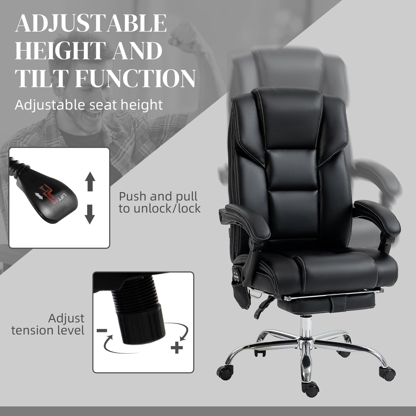 Black faux leather executive office chair with adjustable height tilt and footrest