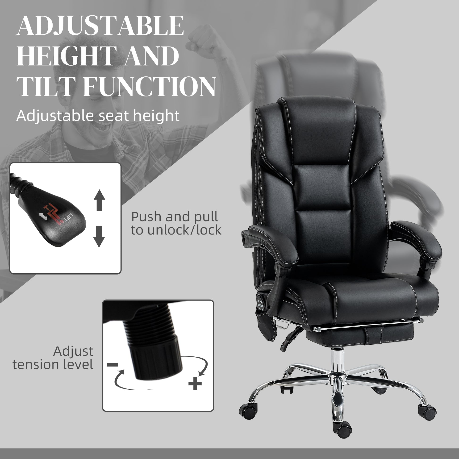 Black faux leather executive office chair with adjustable height tilt and footrest